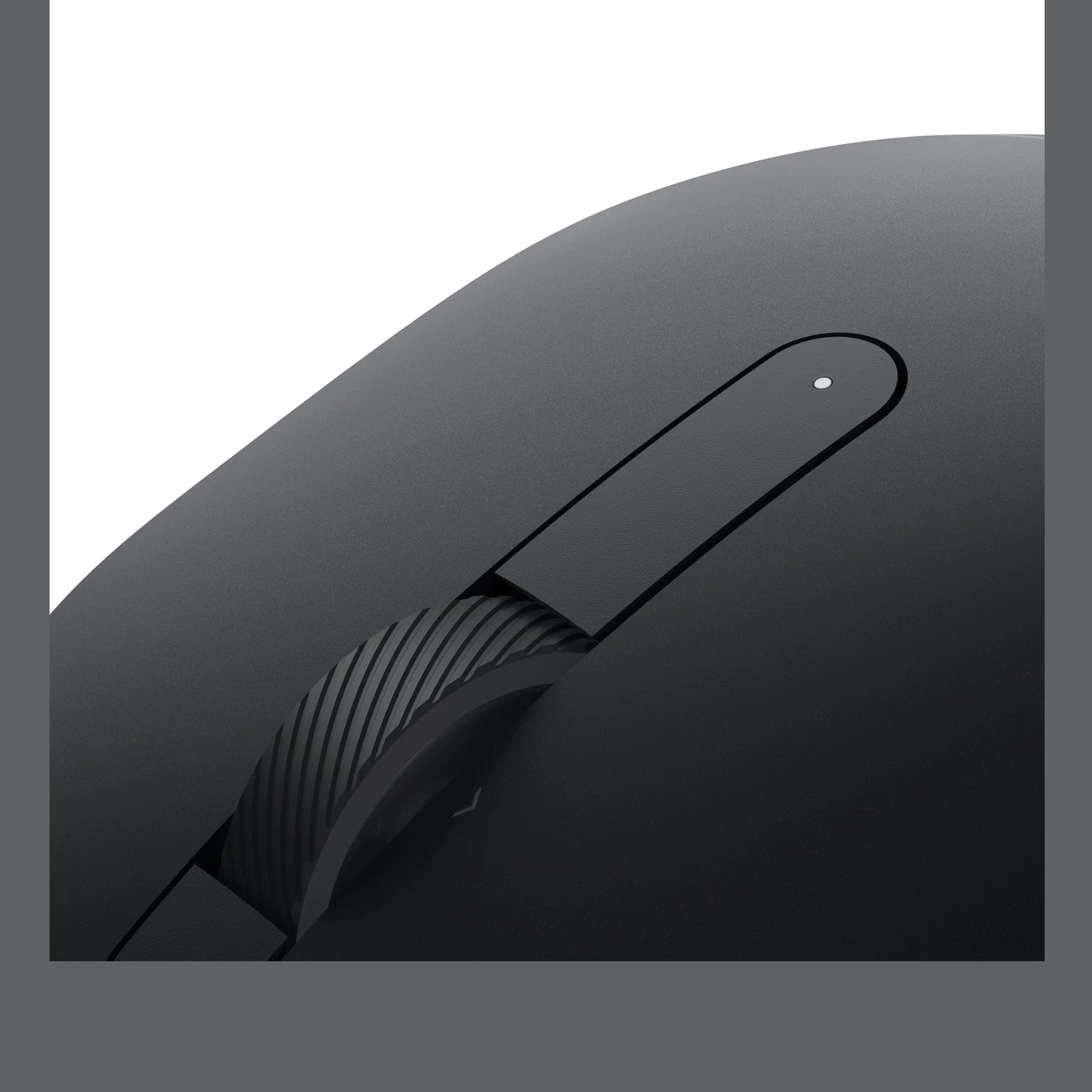 Détail rapproché de la molette noire striée et du bouton longitudinal supérieur