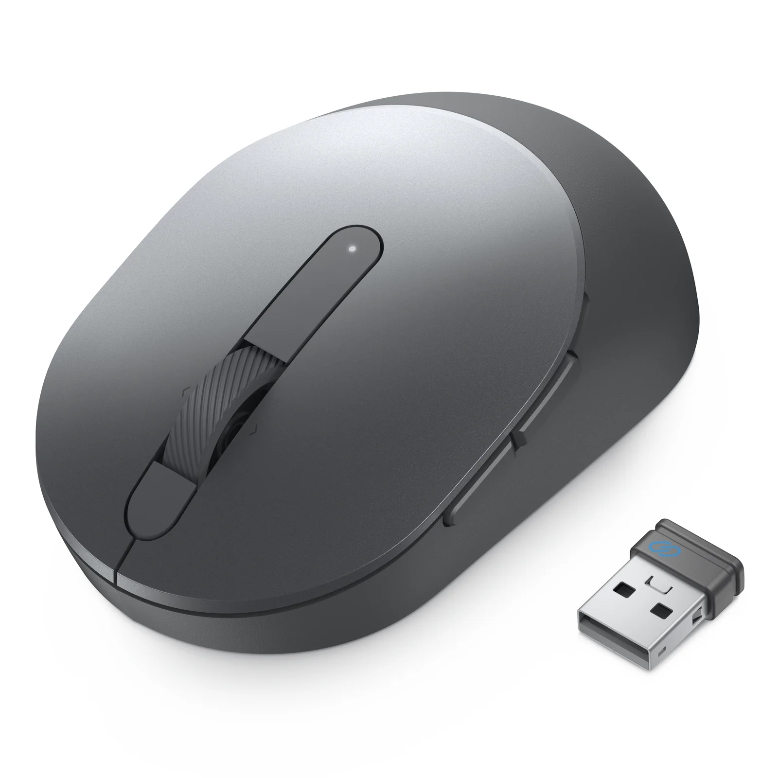 Vue 3/4 avec le récepteur USB-A nano Dell Universal Pairing présenté à côté