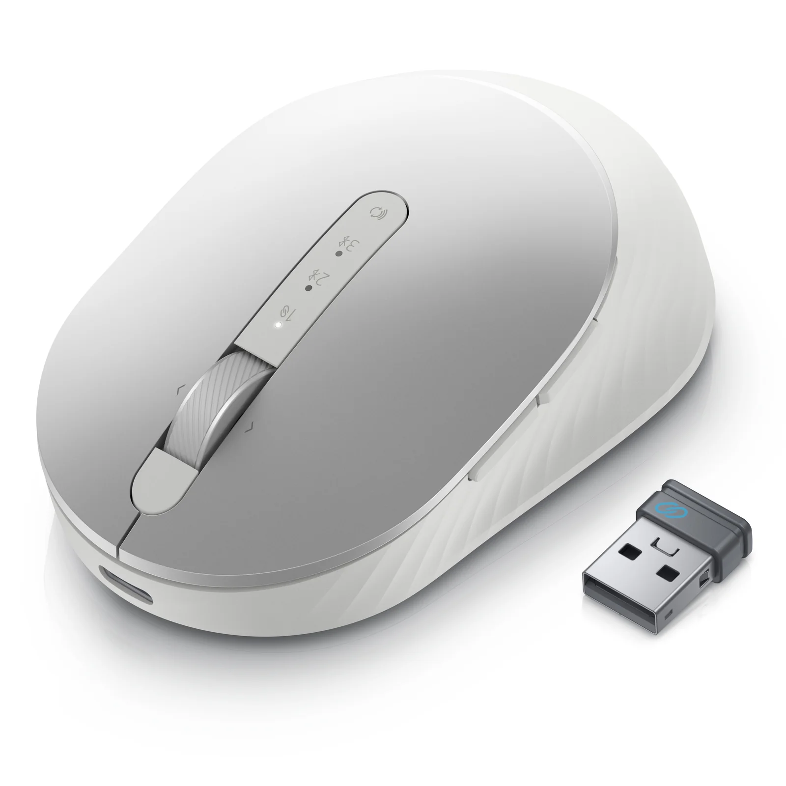 Trois quarts avant droit de la souris argentée avec récepteur USB-A à côté