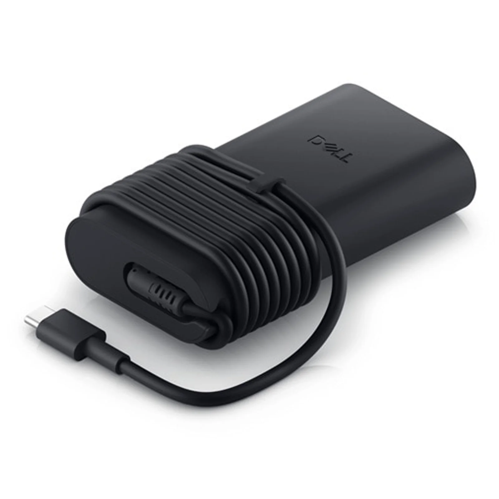 Vue trois quarts du bloc d'alimentation Dell noir compact avec cordon enroulé et terminaison USB-C