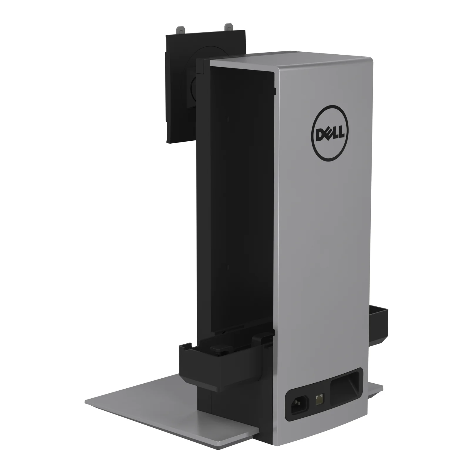 Vue de face avec moniteur Dell monté et arrière de châssis SFF apparent en grille noire