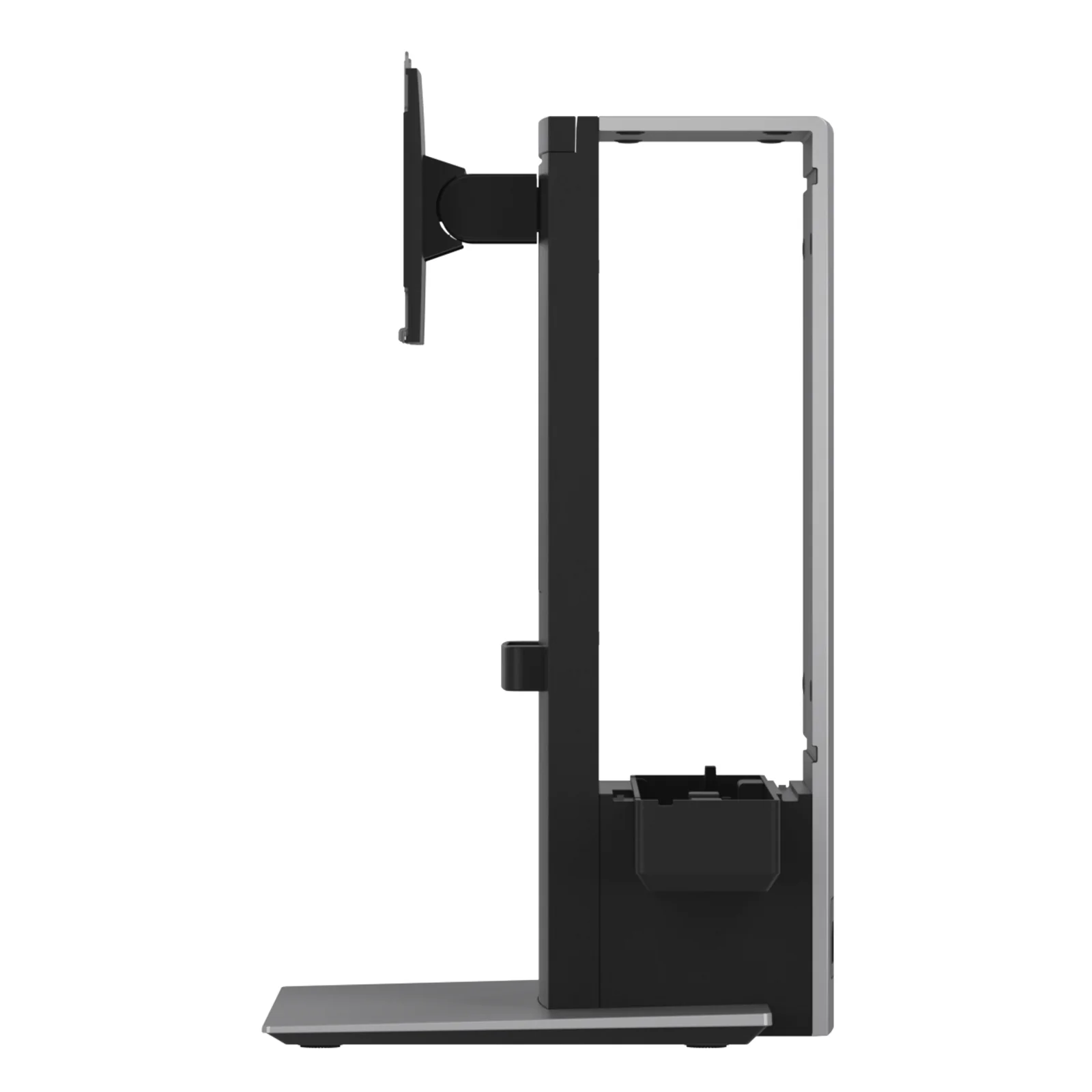 Vue de dessus arrière du montage complet avec moniteur, châssis SFF en grille et colonne argent