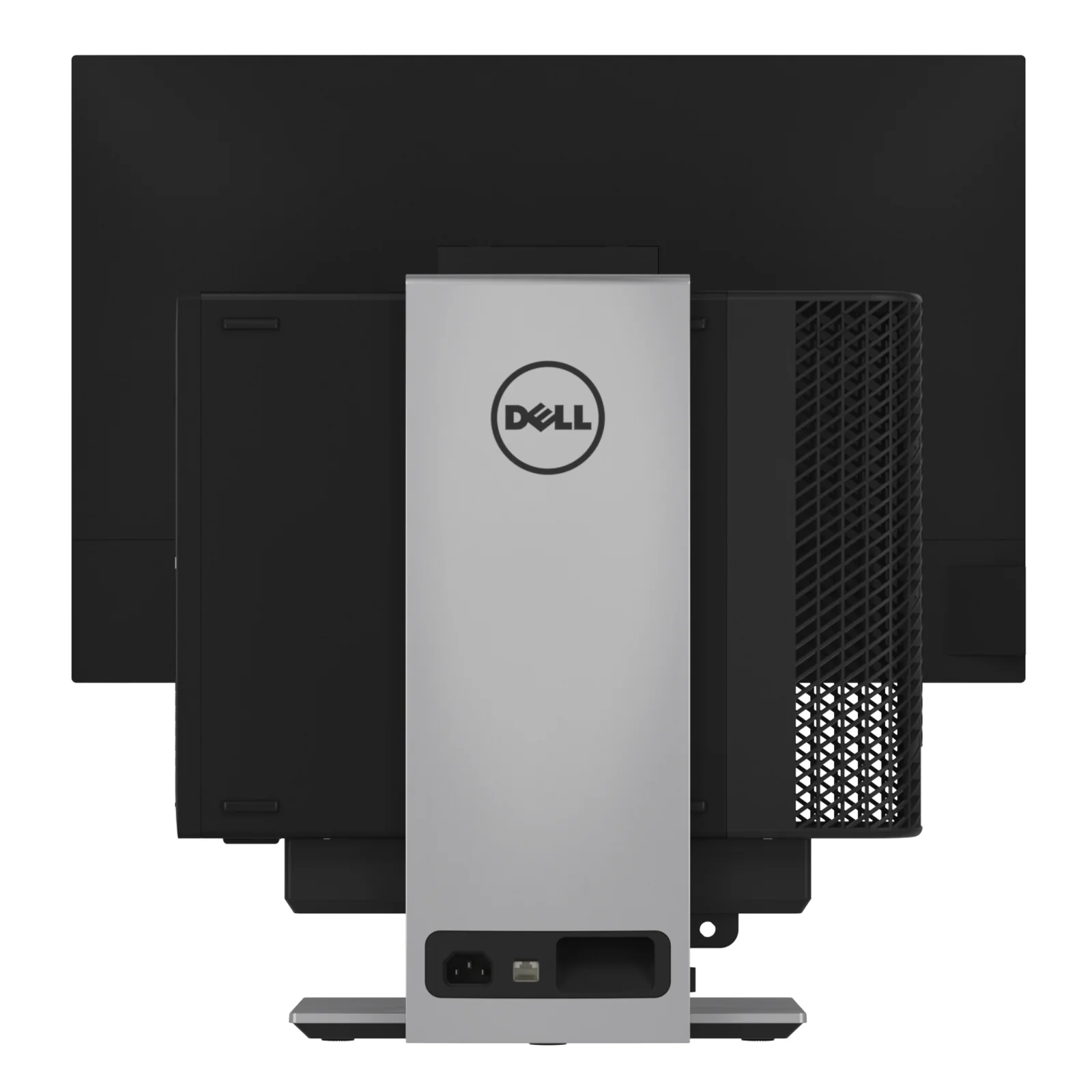 Trois quarts du montage complet avec moniteur Dell, colonne argent centrale et châssis SFF en grille