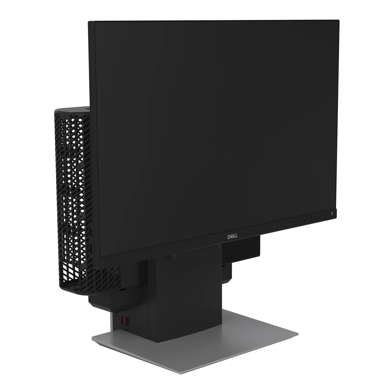 Profil latéral du montage avec moniteur Dell, châssis SFF en grille de ventilation et embase argent