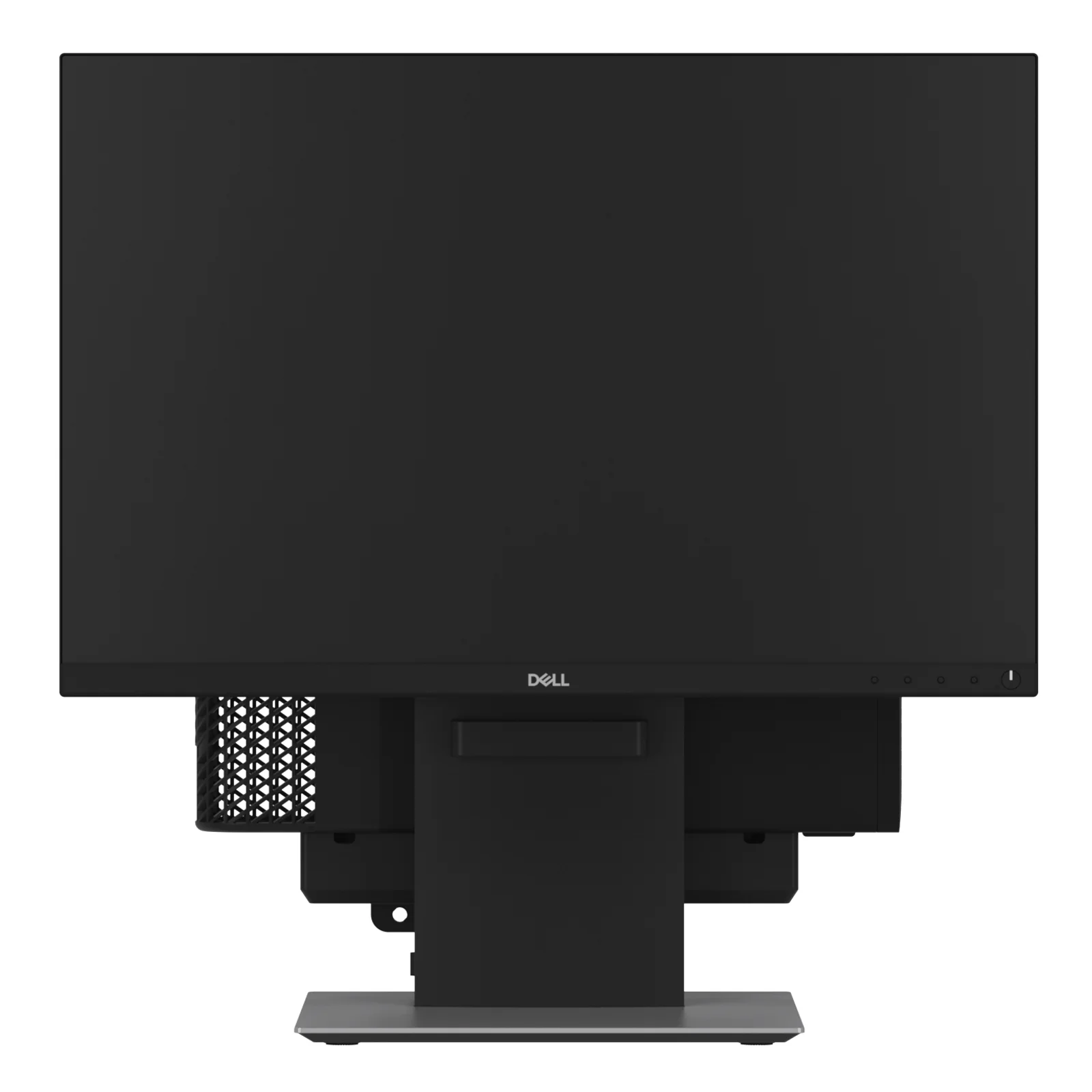 Vue compacte de face avec moniteur Dell et châssis SFF en grille de ventilation visible à gauche