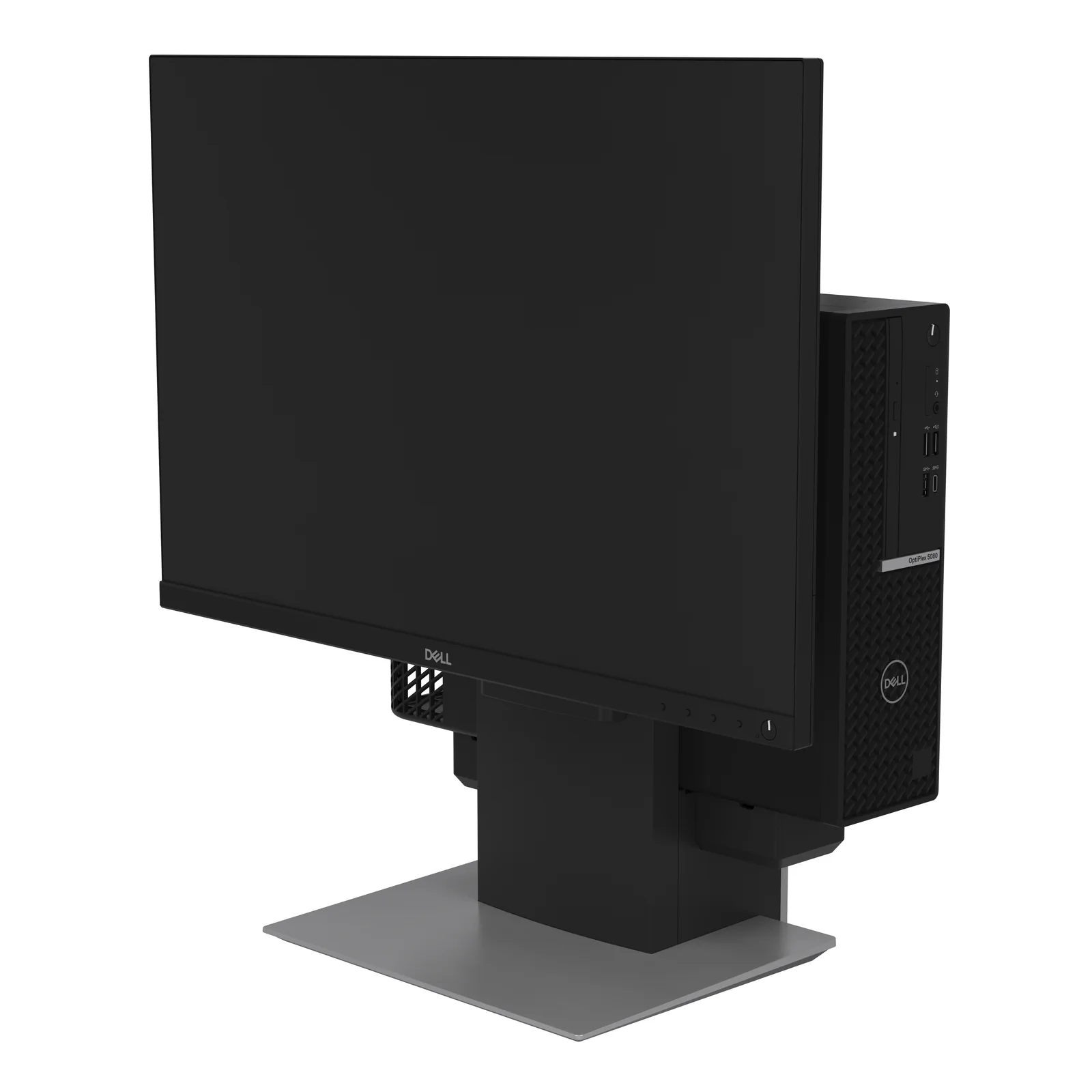 Configuration complète avec moniteur Dell monté au-dessus et châssis OptiPlex SFF fixé sur le côté droit du support