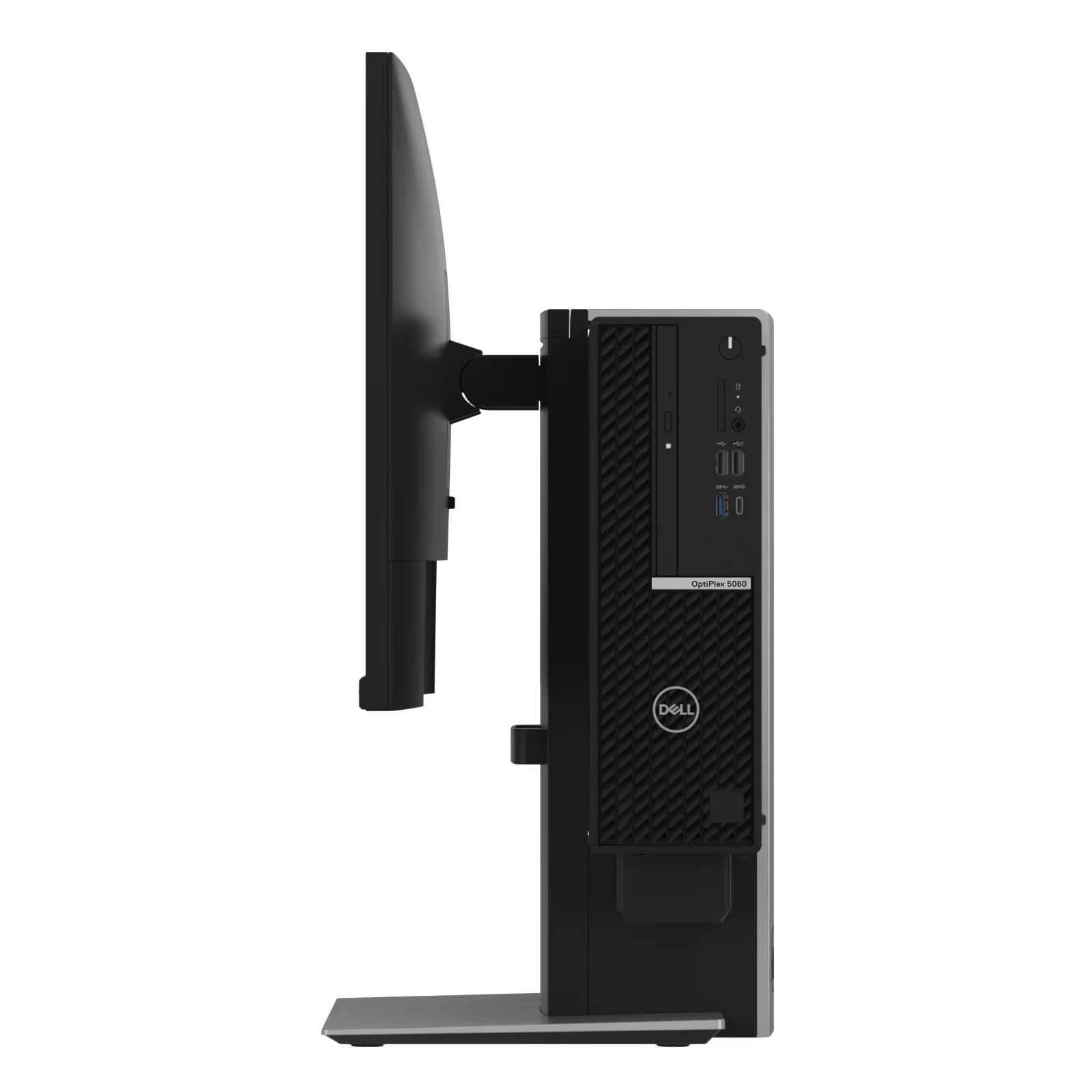 Profil latéral du montage complet avec moniteur Dell en haut et châssis OptiPlex 5080 fixé à droite du support