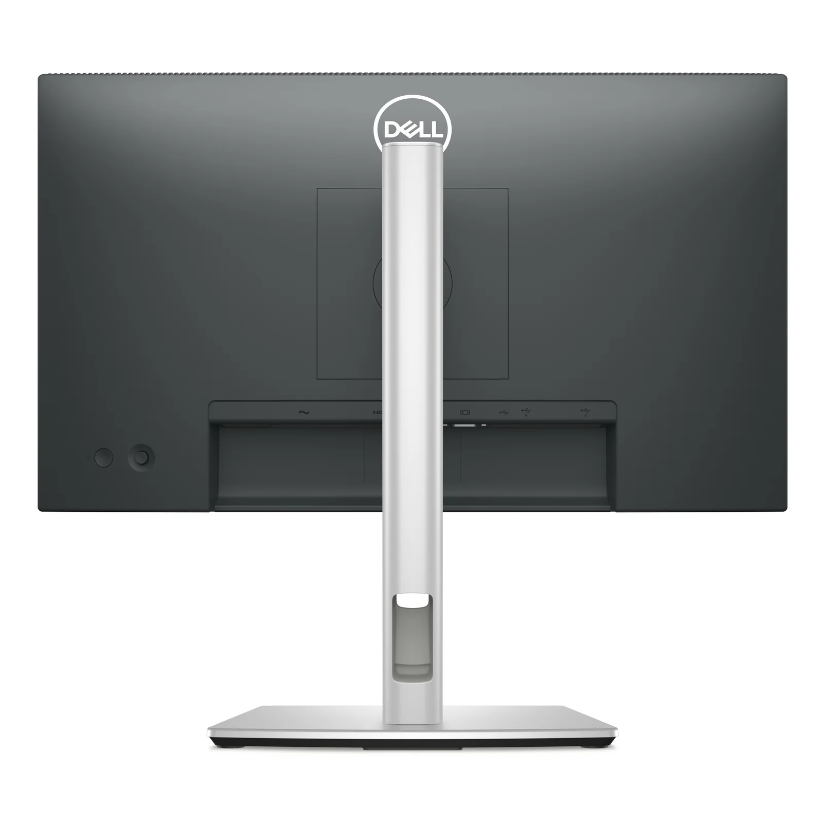Vue arrière, dos noir avec pied argenté centré et logo Dell, montage VESA 100 mm visible