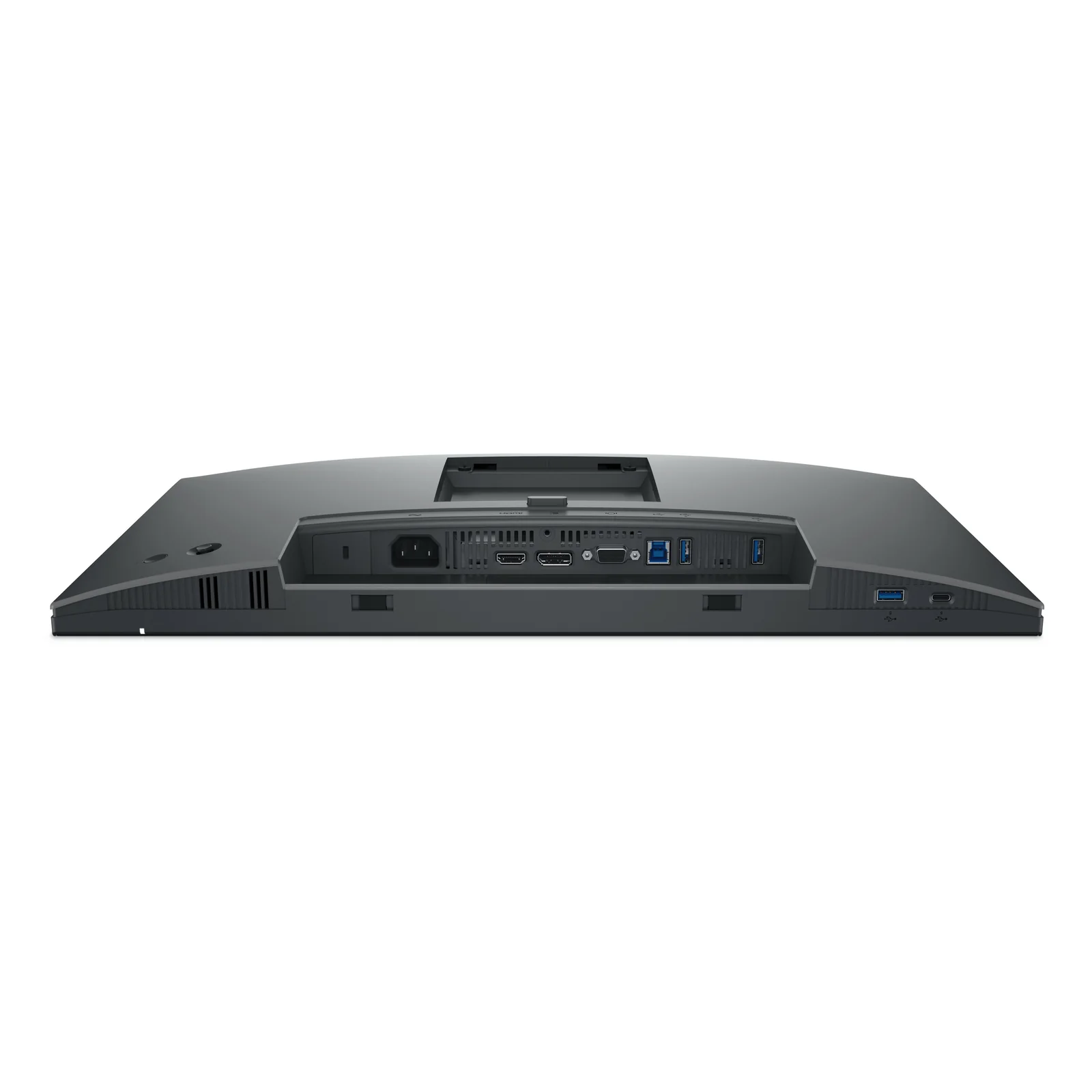 Vue de dessous montrant les ports, prise secteur, HDMI, DisplayPort, VGA, USB-B amont, USB-A aval et USB-C