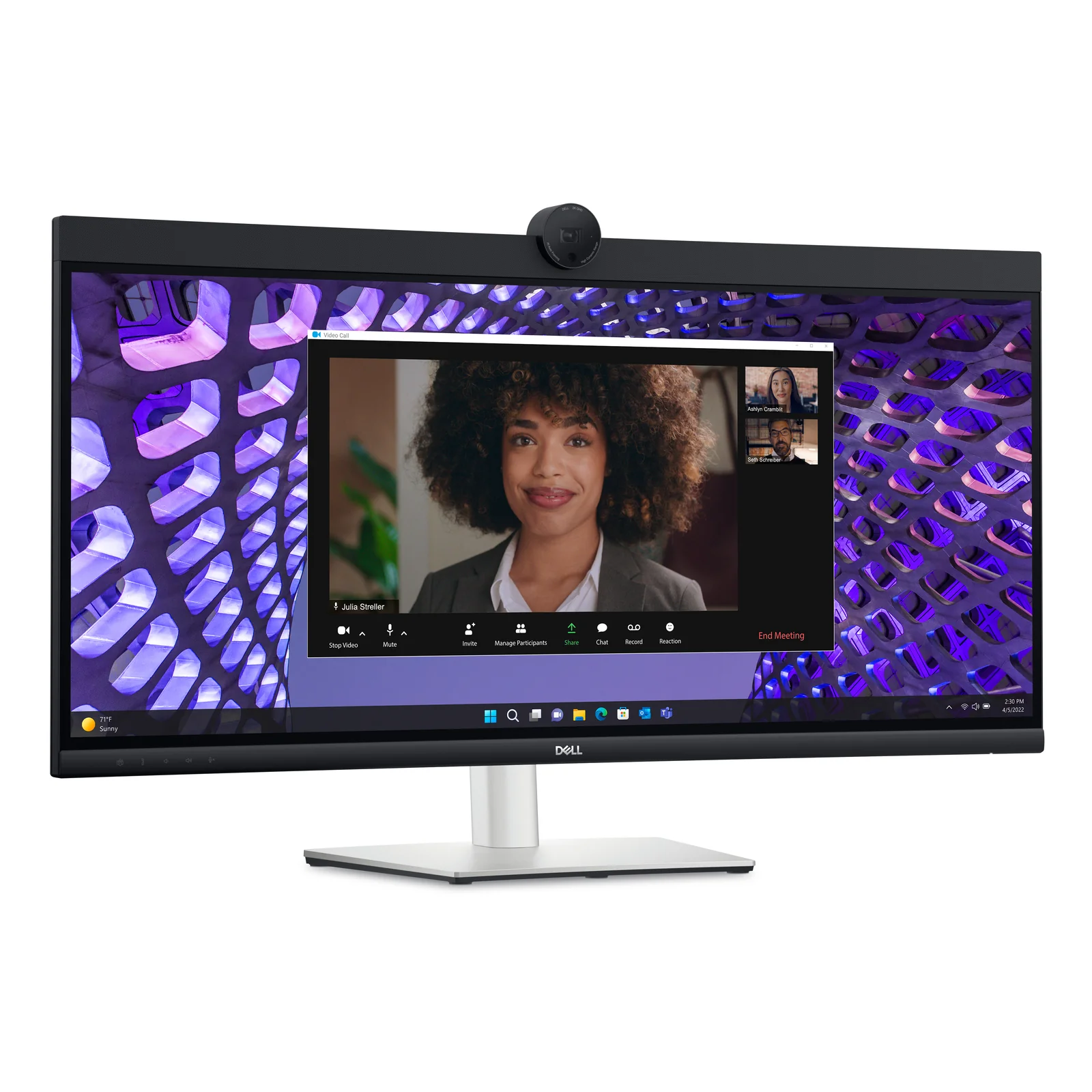 Vue trois quarts gauche montrant la webcam déployée et l'appel visioconférence en cours