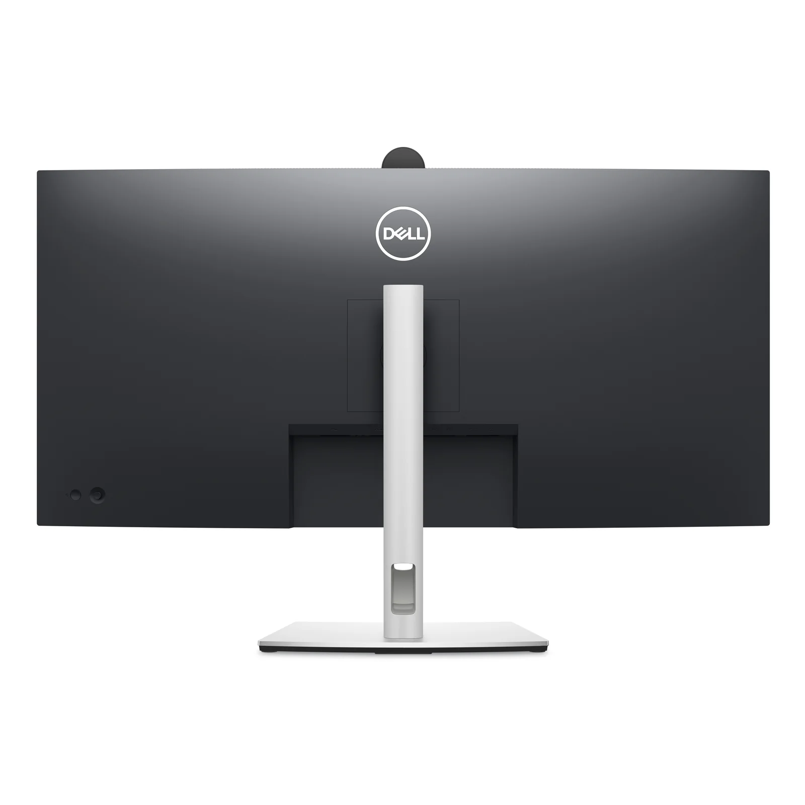 Vue arrière du moniteur noir avec webcam dépliée au-dessus, logo Dell central et panneau de ports