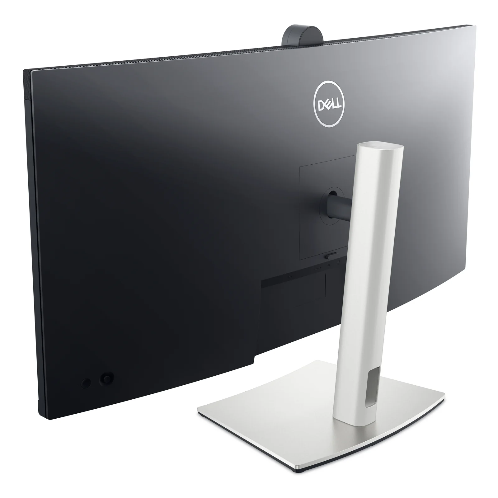 Vue de profil droit avec webcam visible en haut, châssis noir et pied silver compact