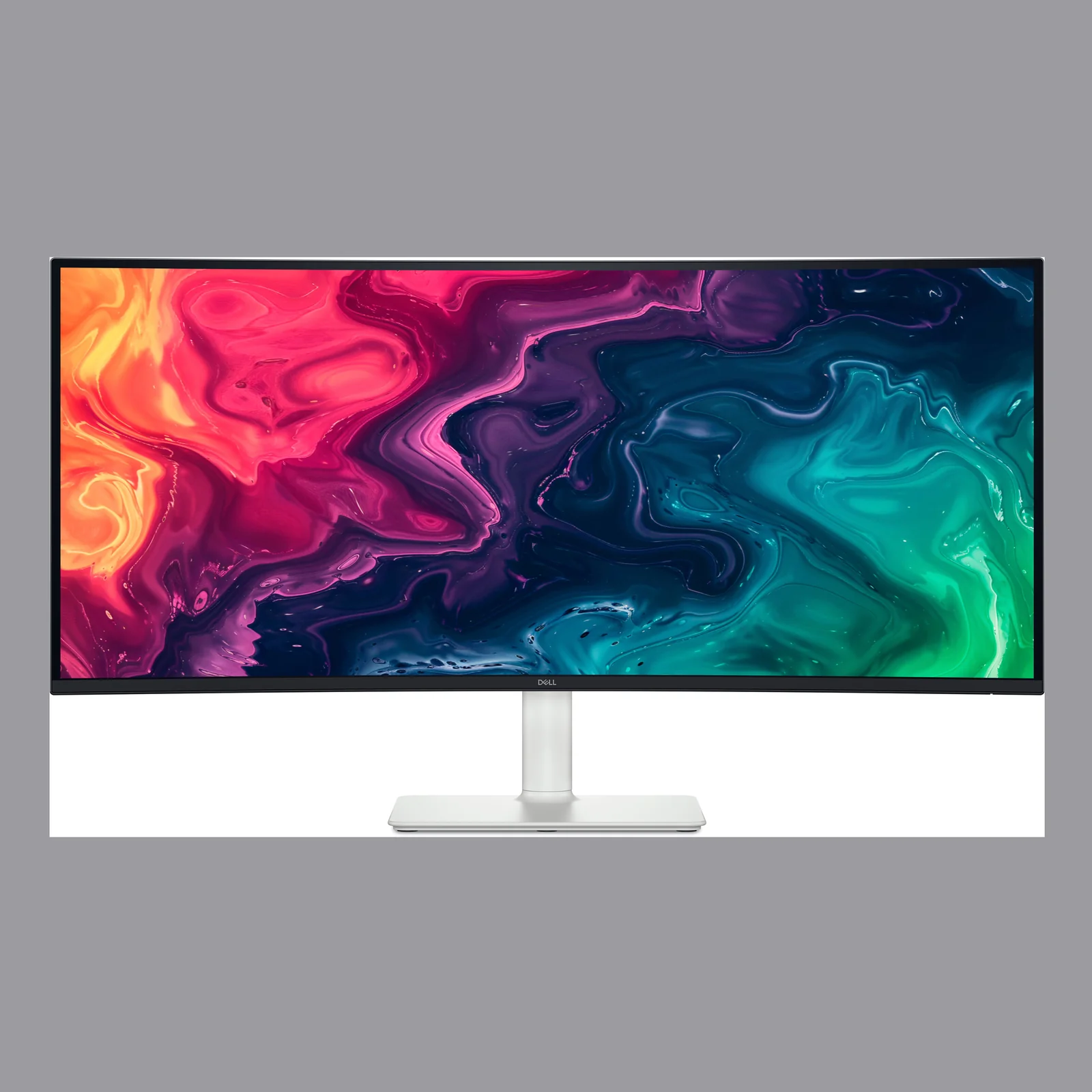 Vue de face du moniteur ultra-large posé sur son pied, courbure visible aux extrémités et logo Dell centré
