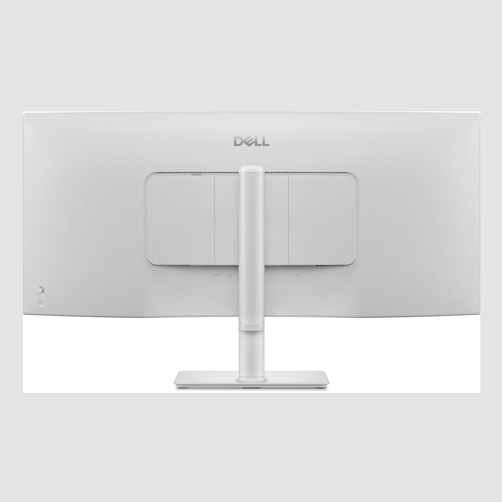 Vue arrière complète du moniteur incurvé, capot blanc texturé et colonne centrale ronde, logo Dell en relief