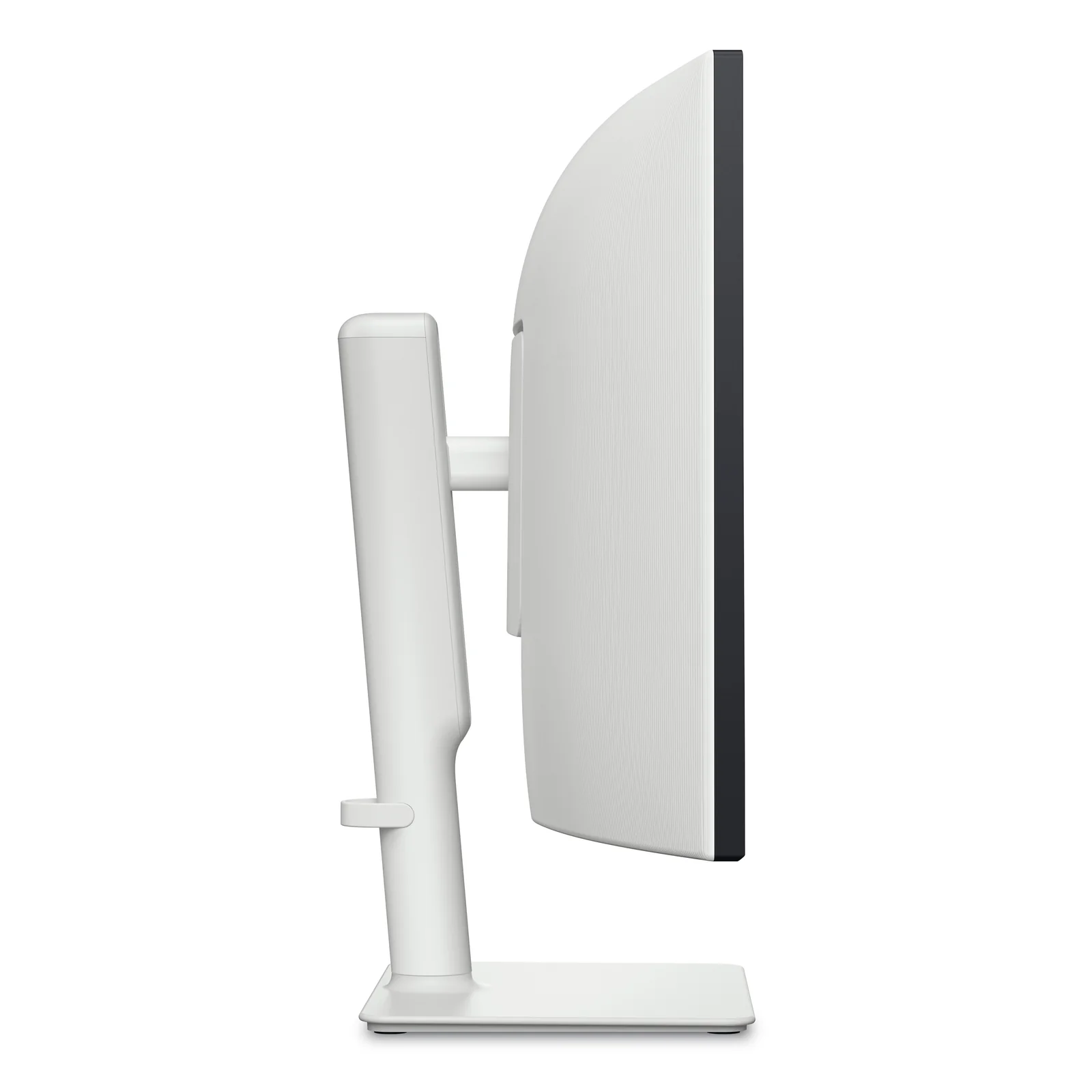 Profil droit du moniteur sur son pied blanc, courbure latérale du capot bien visible avec liseré noir au bord