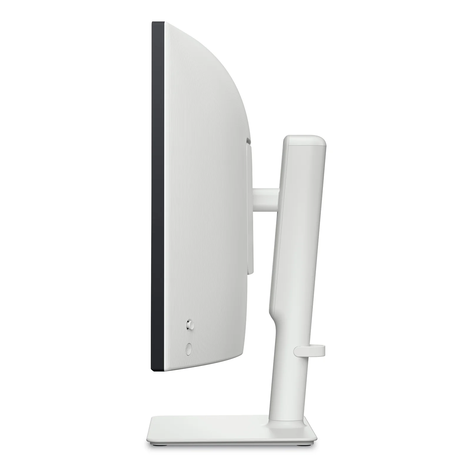 Profil gauche du moniteur, capot blanc texturé incurvé et bouton joystick OSD apparent à l'arrière