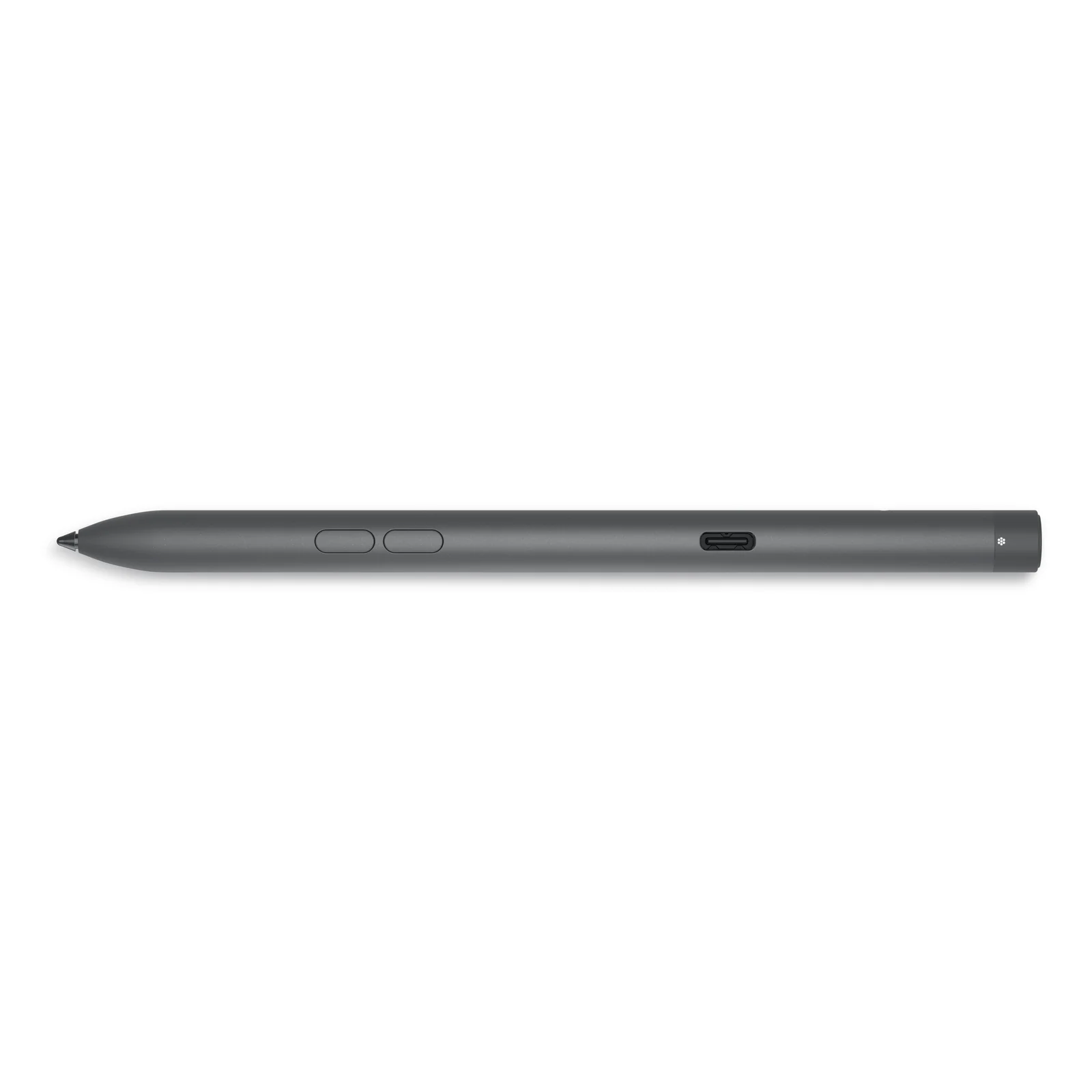 Vue latérale du stylet posé à plat montrant les deux boutons programmables, le port de charge USB-C et la pastille du capuchon