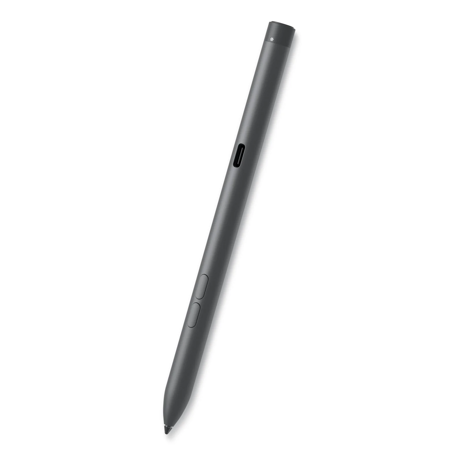 Vue trois-quarts inversée du stylet mettant en évidence le port USB-C de charge et la finition mate gris foncé du corps