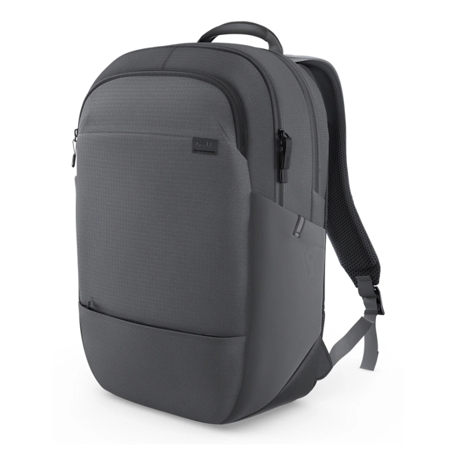 Vue de l'autre côté du sac à dos gris montrant la bretelle rembourrée perforée et la grande poche d'organisation extérieure