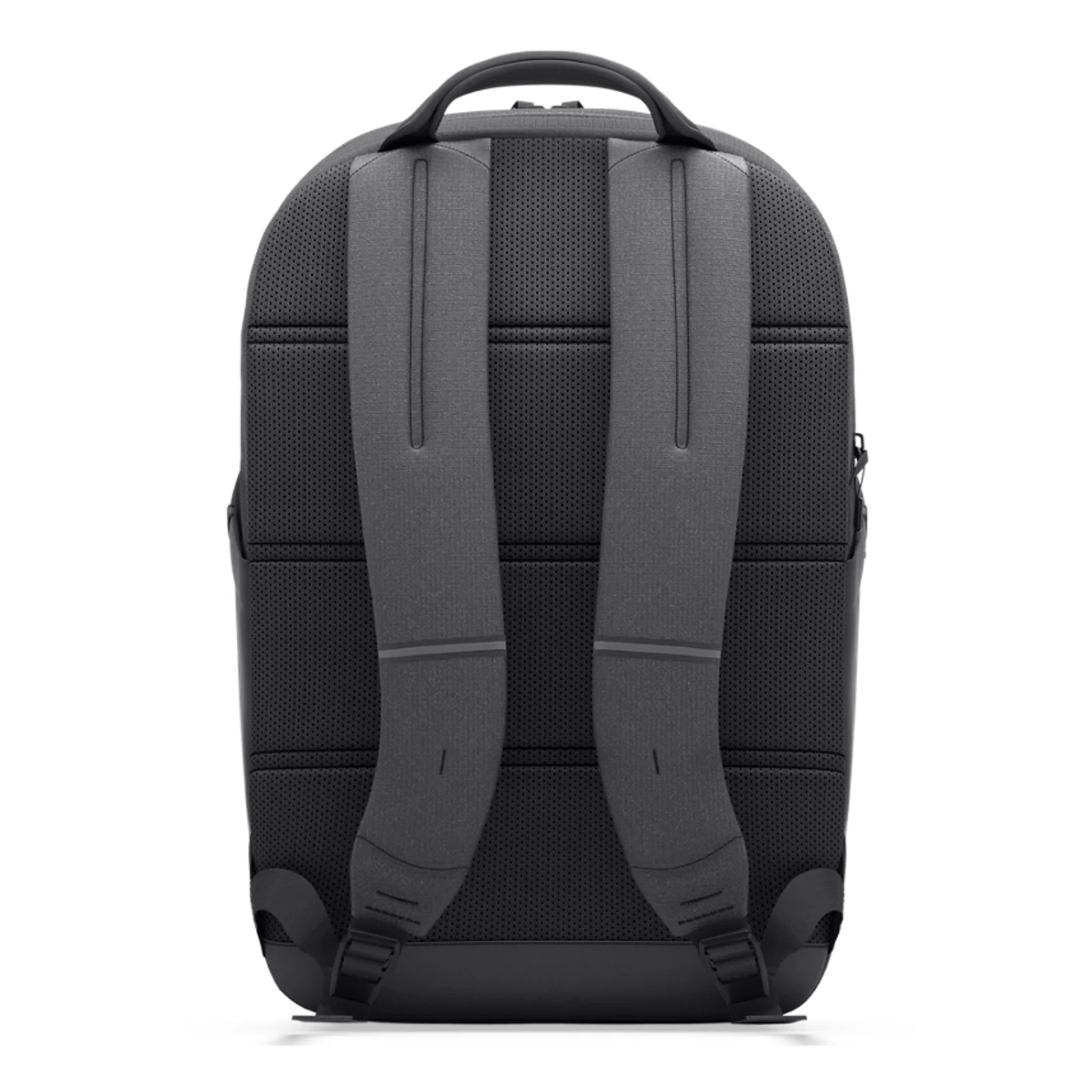 Vue arrière du sac à dos avec dos perforé respirant gris, bretelles ergonomiques et poignée de portage en haut