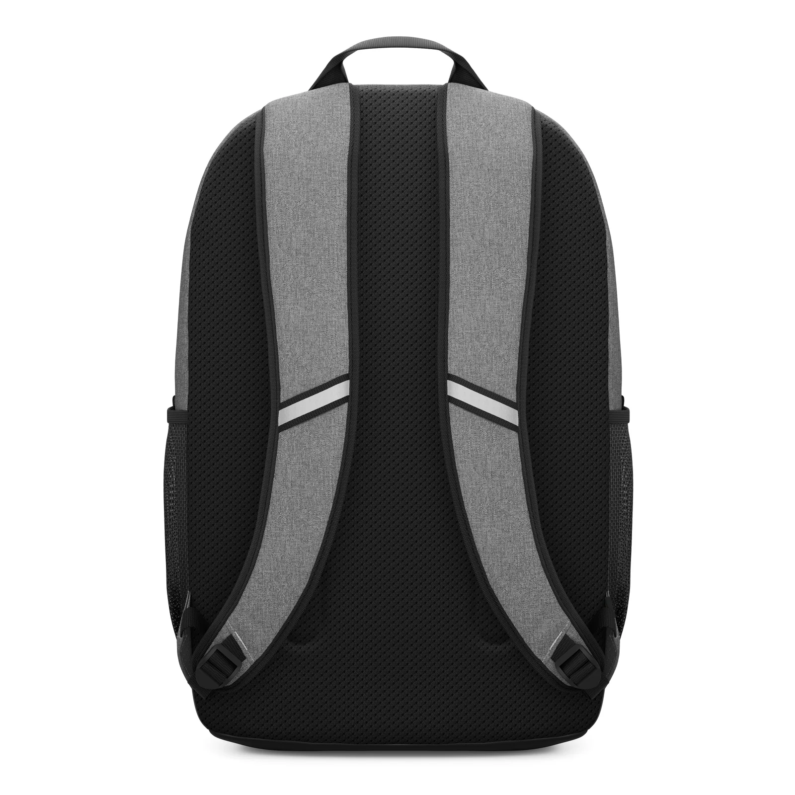 Vue arrière du sac à dos avec dos respirant noir, bandes réfléchissantes et bretelles ergonomiques rembourrées