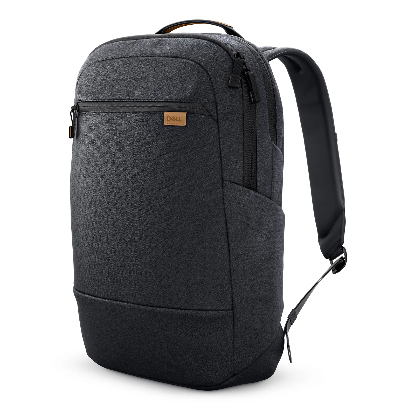 Vue de face du sac à dos montrant la silhouette ergonomique, la poche frontale verticale et l'étiquette Dell tan