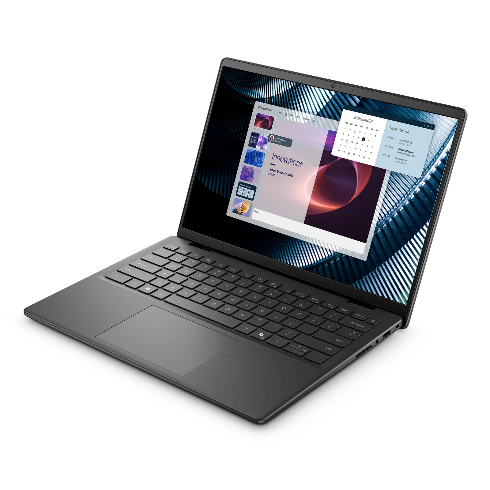 Vue plongeante de la base montrant le clavier rétroéclairé complet et le pavé tactile centré