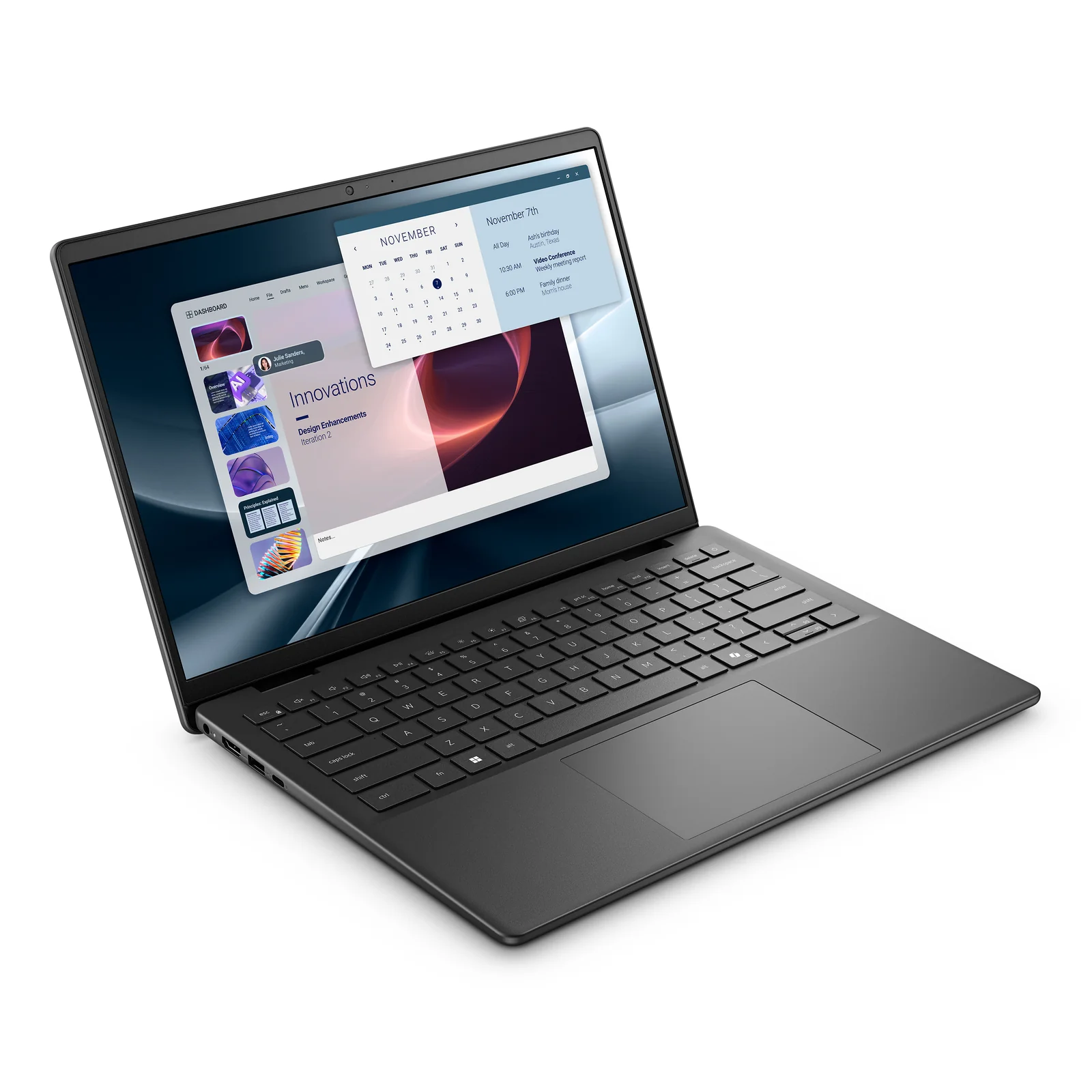Dell Pro 14 ouvert, vue trois-quarts avant gauche, écran allumé interface sombre, boîtier noir, fond gris