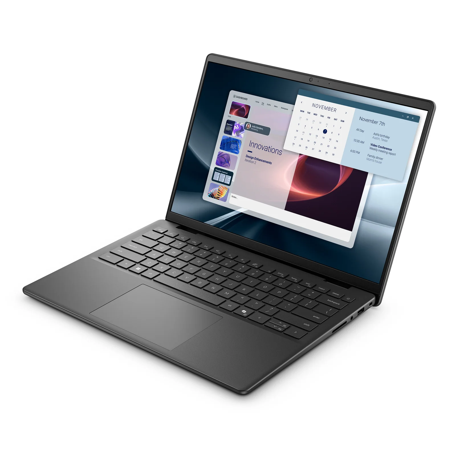 Dell Pro 14 ouvert, vue de face légèrement inclinée, clavier et écran visibles, châssis noir