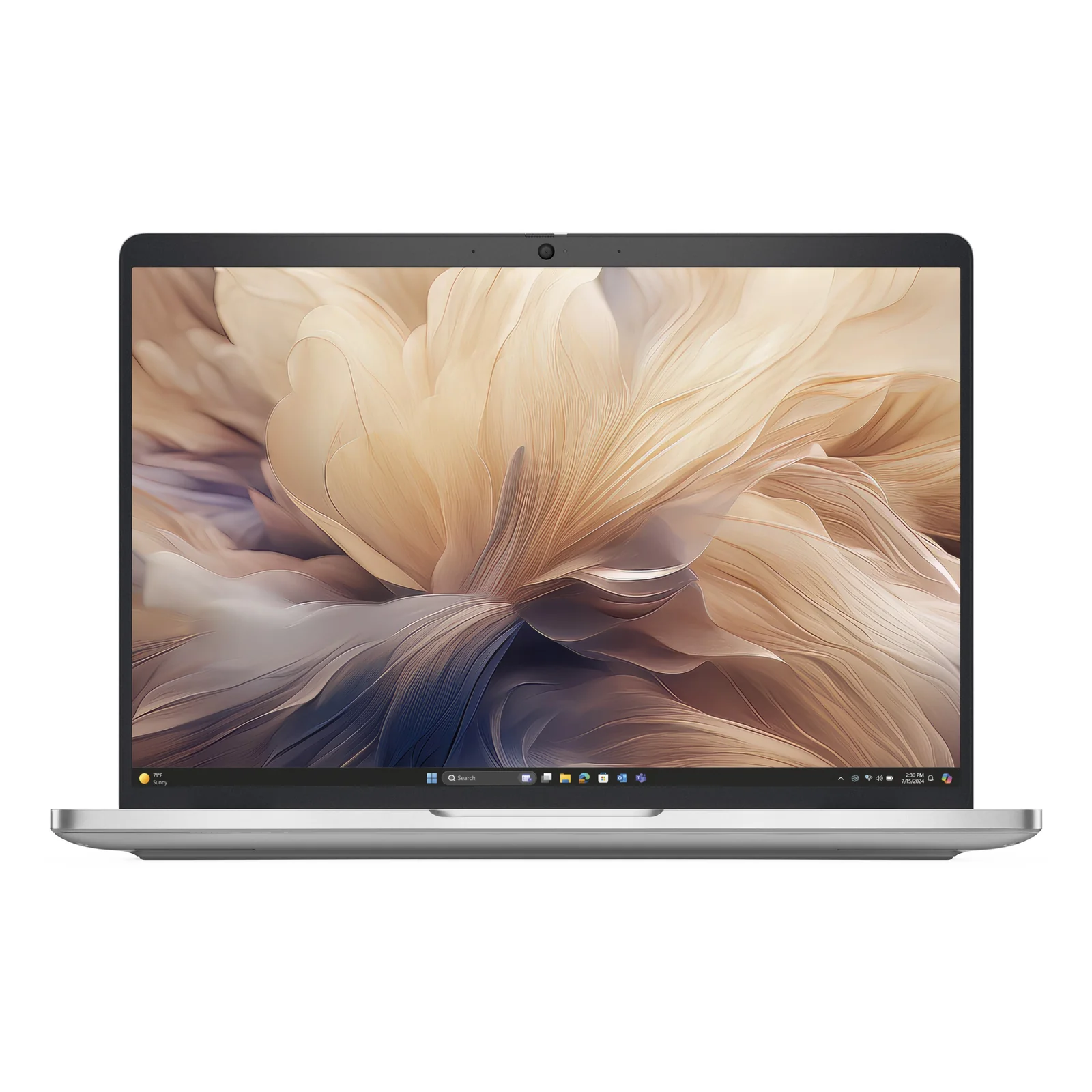 Dell Pro 14 Plus ouvert, vue frontale, dalle 14 pouces avec fond floral, coloris argent