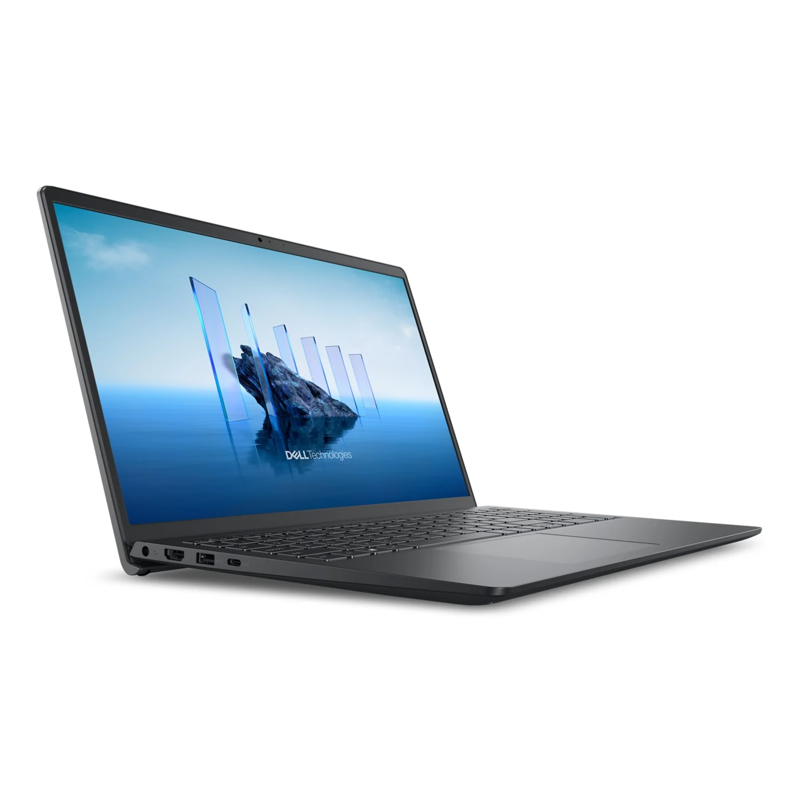 Dell Pro 15 PV15250, vue trois quarts gauche, écran ouvert, charnière et tranche gauche visibles