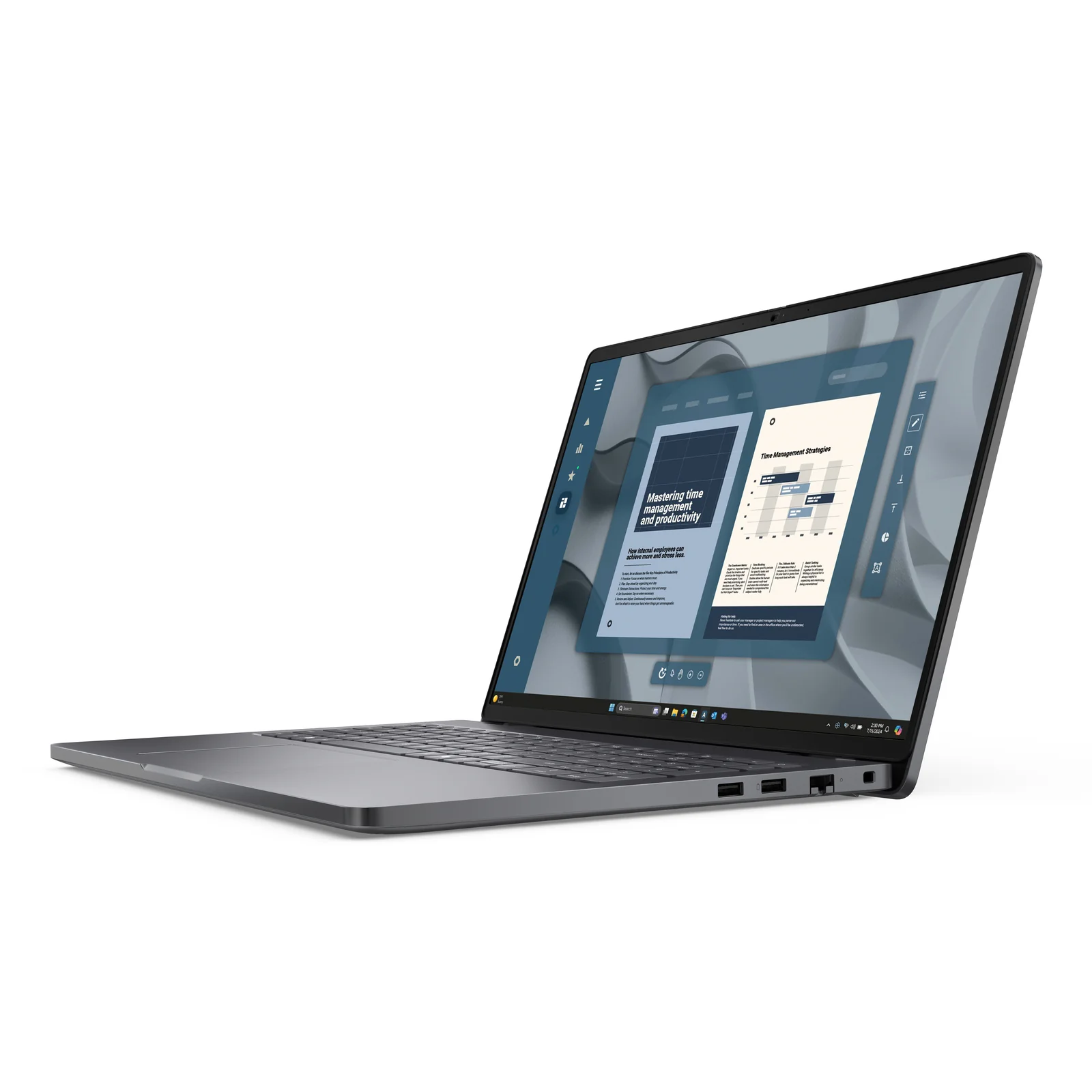 Vue trois-quarts droite du portable ouvert avec ports USB-A et RJ-45 Ethernet sur le flanc droit