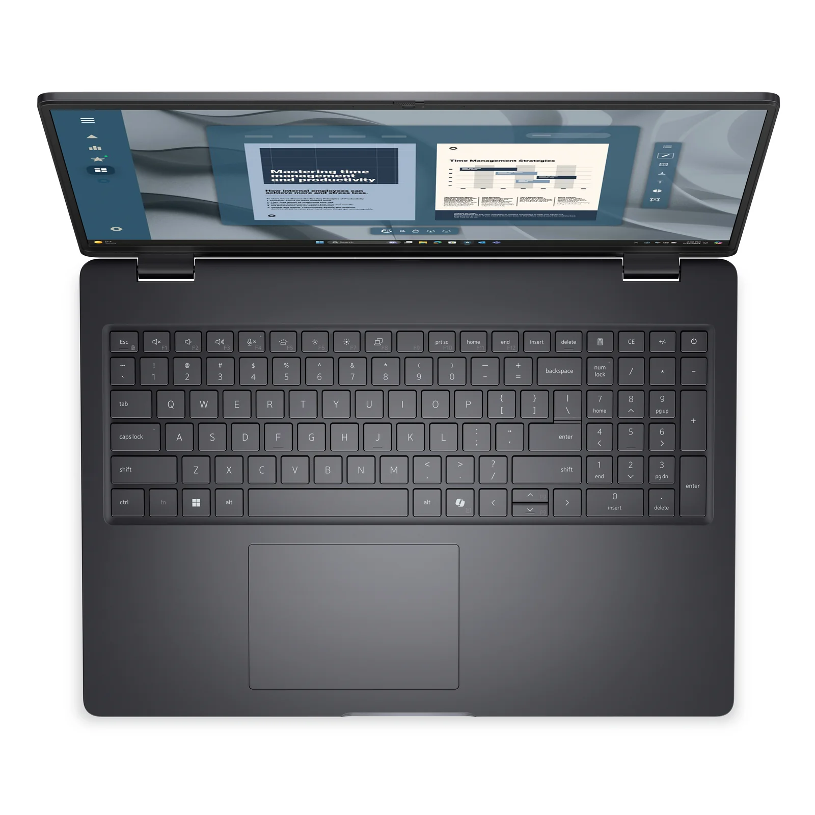 Vue de dessus du portable ouvert, clavier QWERTY rétroéclairé avec pavé numérique et grand pavé tactile centré