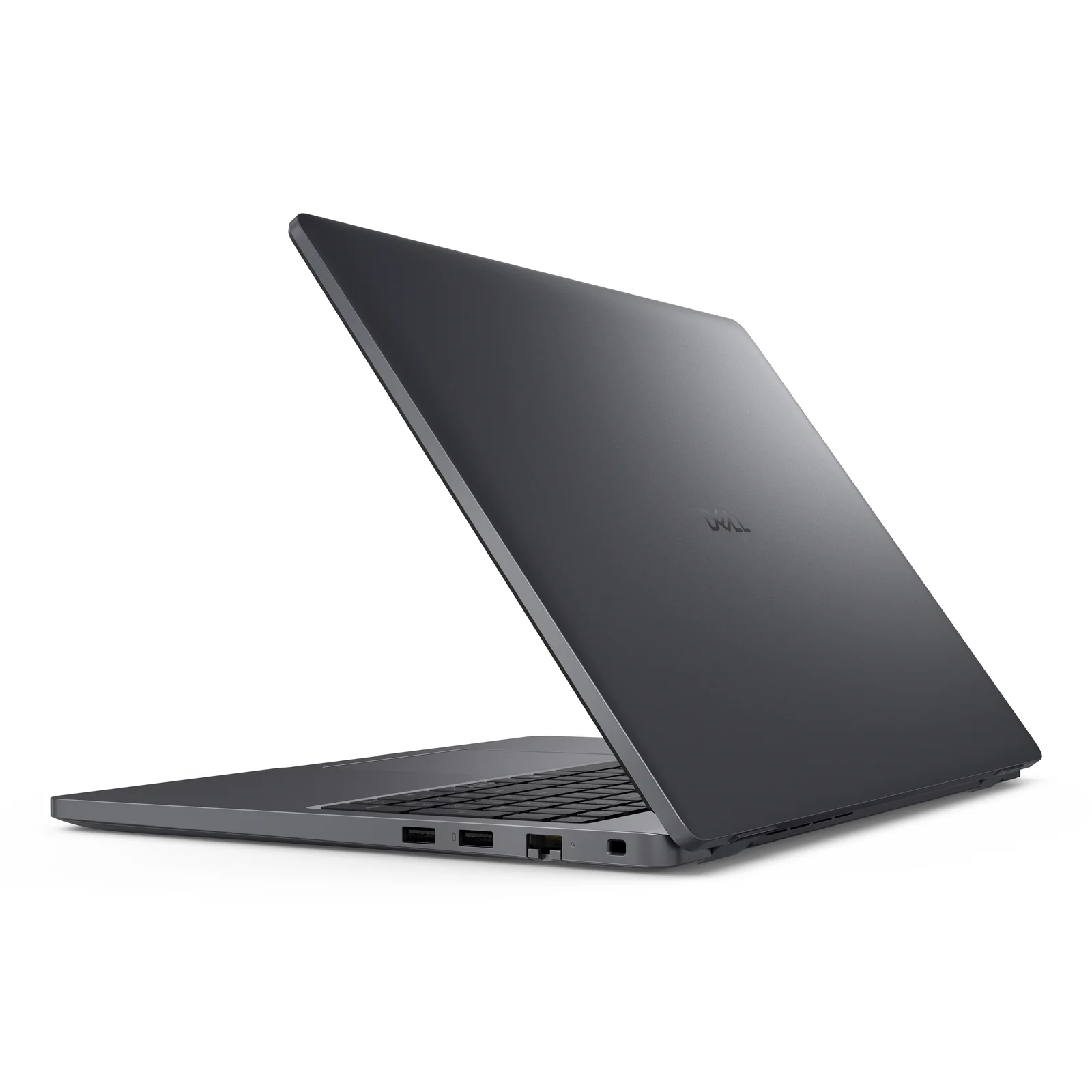 Vue arrière côté droit du portable, capot mat avec logo Dell et ports USB-A, RJ-45 et verrou de sécurité
