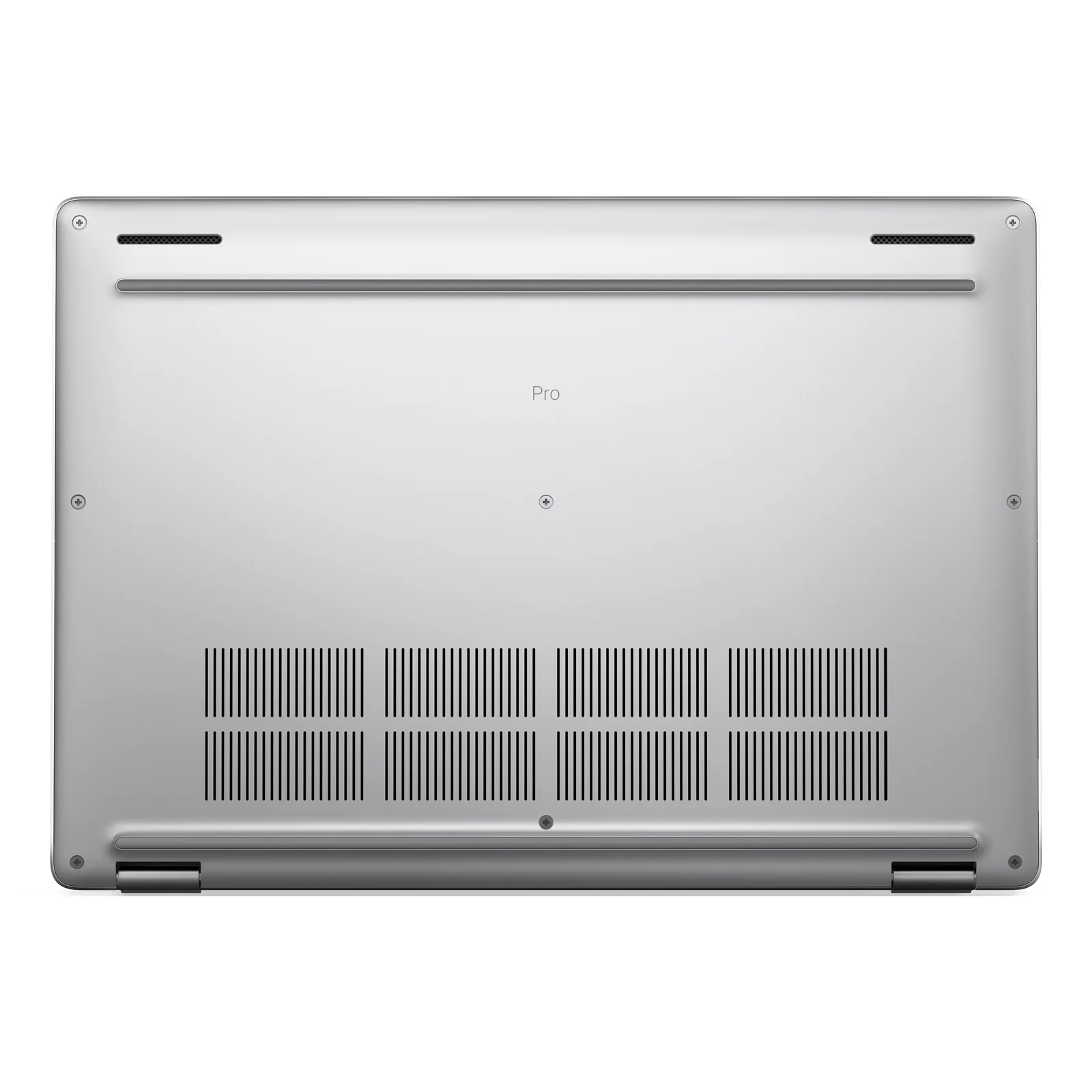 Vue de dessous, grilles de ventilation rectangulaires, pieds en caoutchouc, châssis aluminium