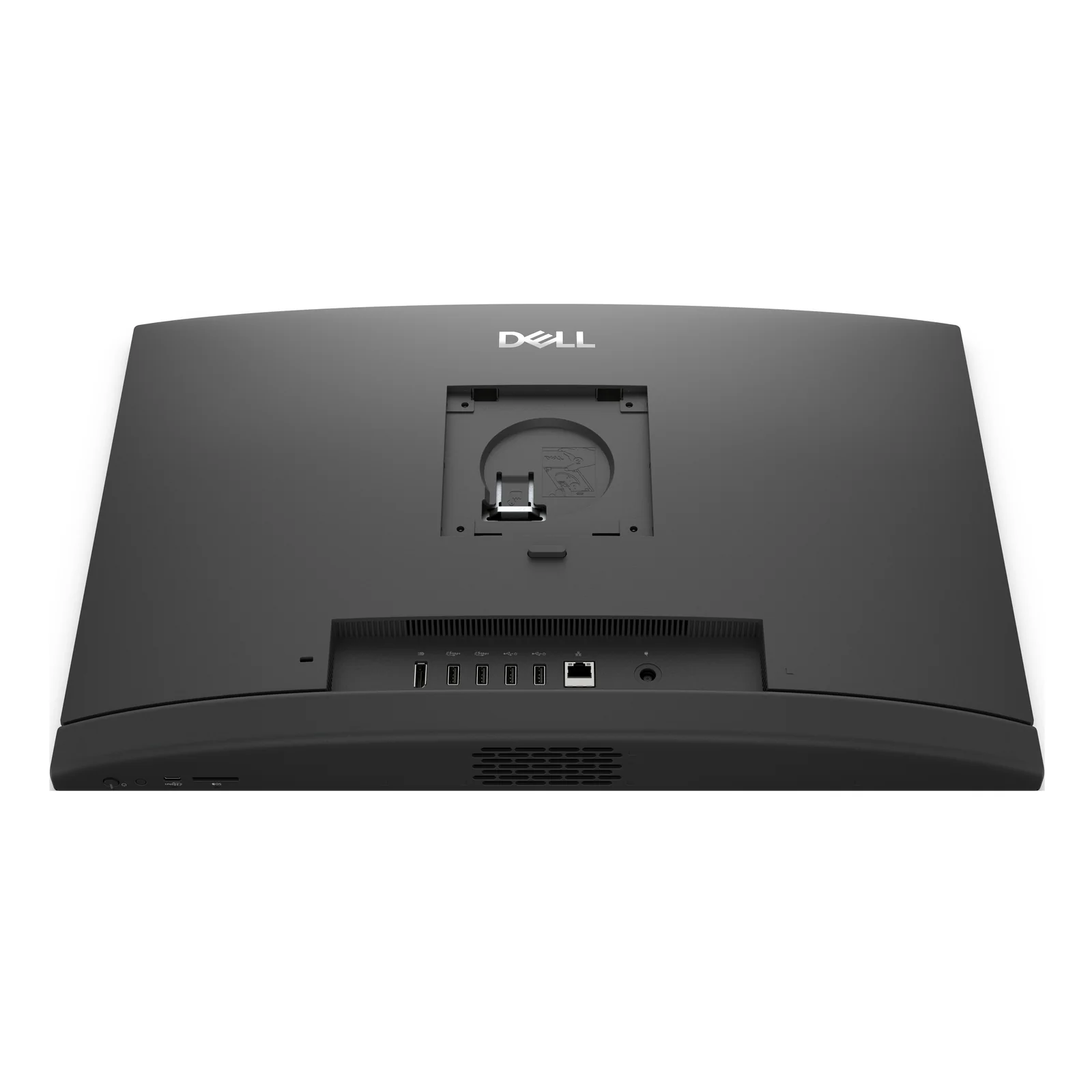 Vue de dessus du Dell Pro 24 mettant en avant le support VESA arrière et la rangée de ports DisplayPort, USB-A, RJ-45 et alimentation