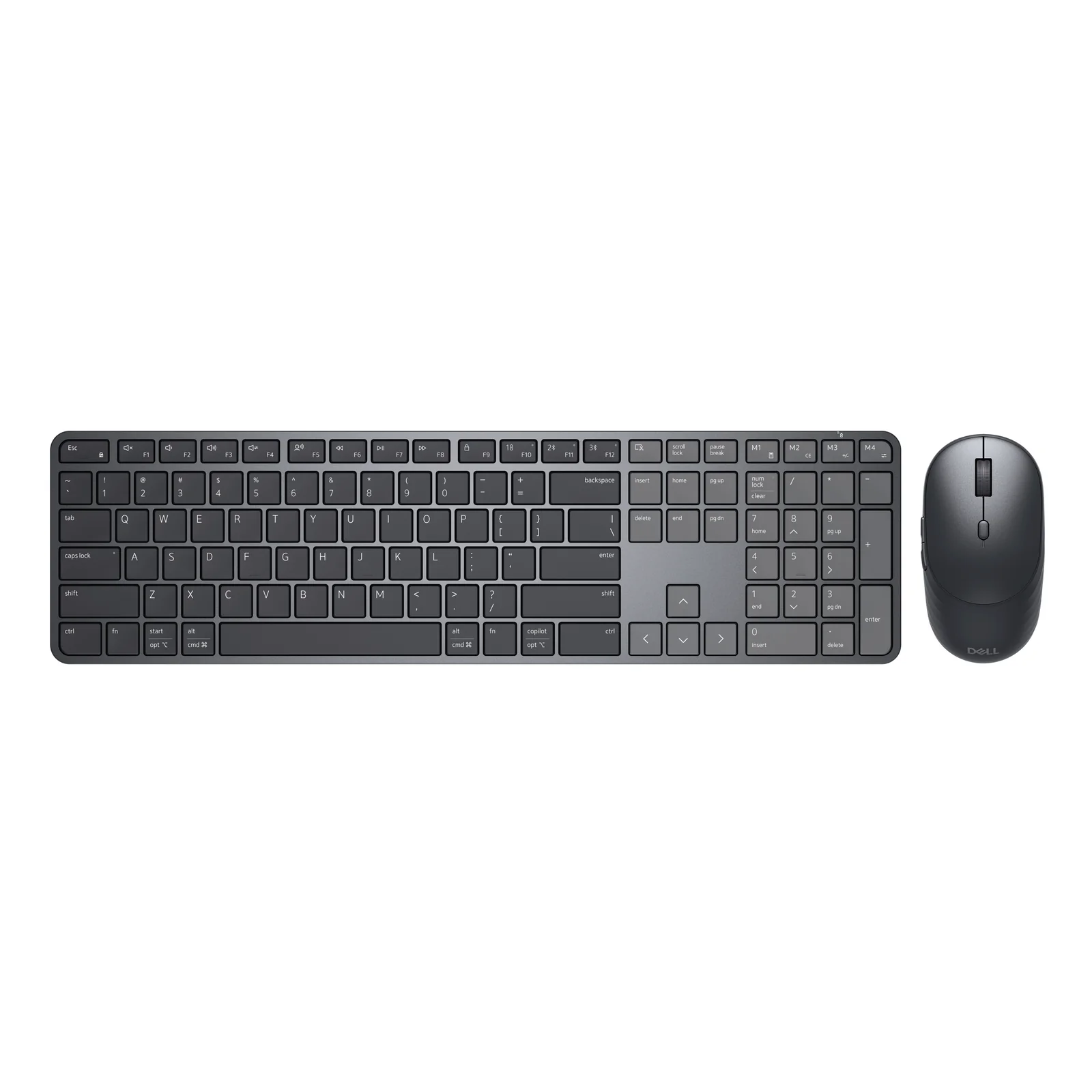 Clavier vu de dessus à plat avec rangée multimédia et touche Copilot, accompagné de la souris noire posée à droite