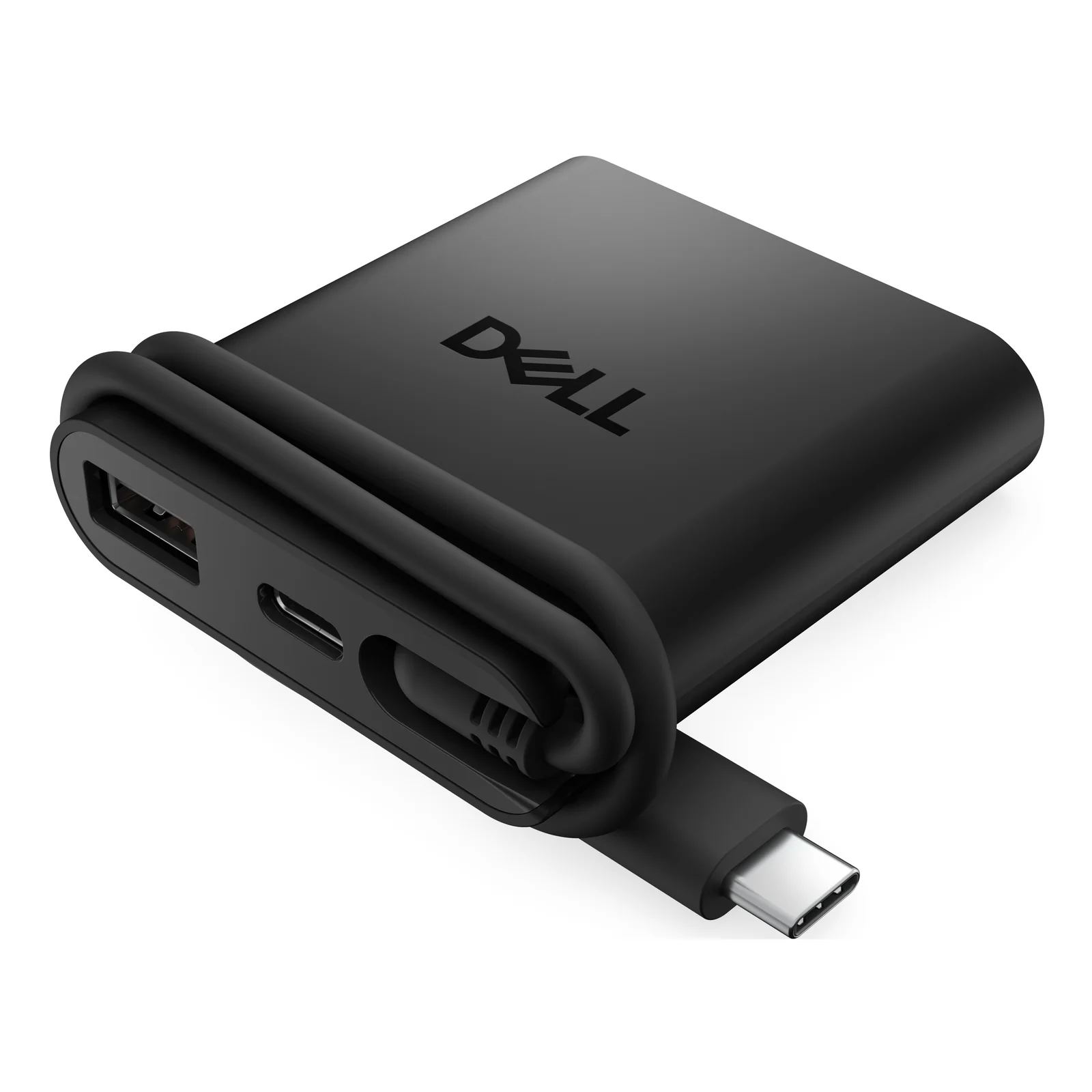 Hub USB-C en perspective trois quarts, câble USB-C sortant en façade et port USB-A et USB-C visibles sur le côté