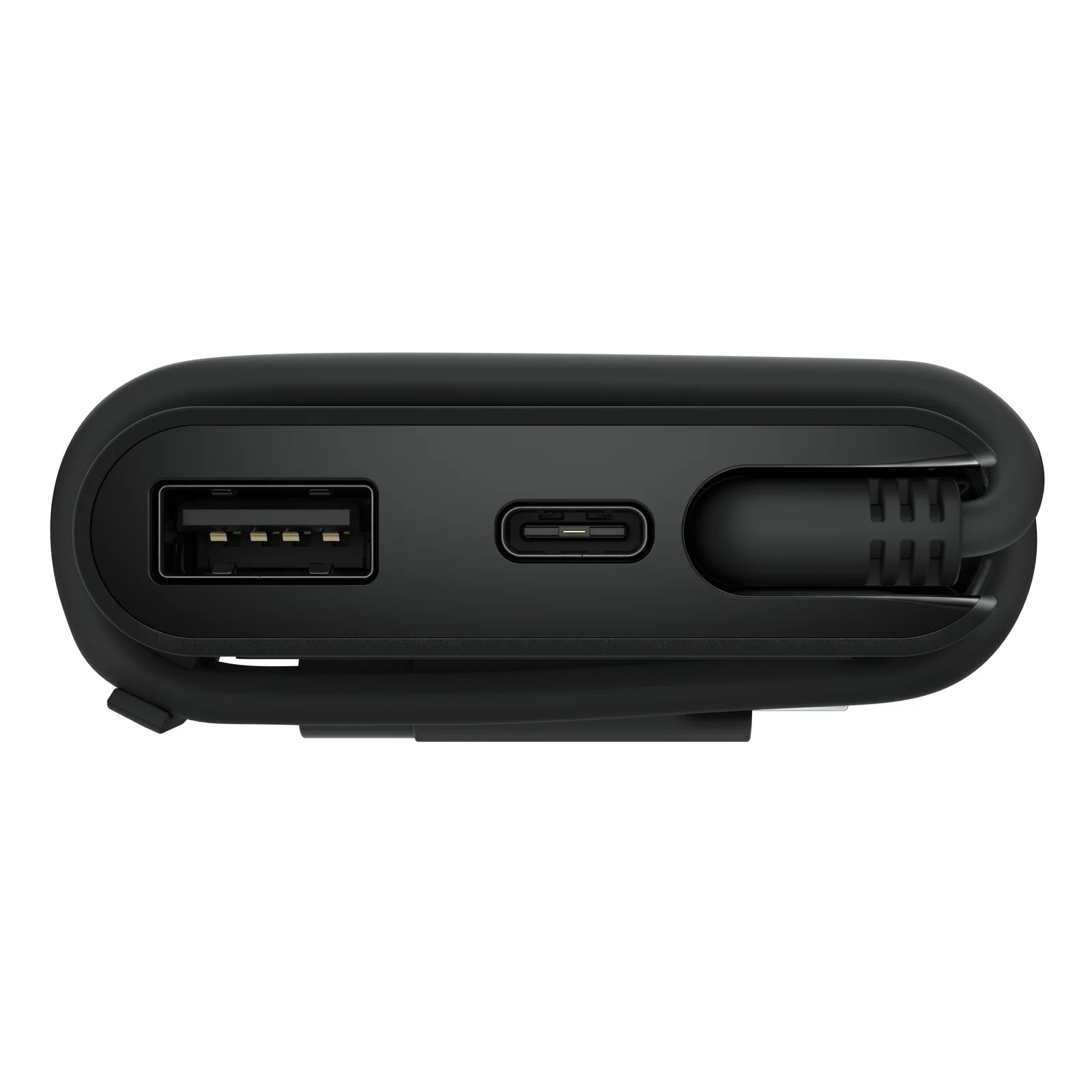 Vue rapprochée du côté du hub, alignement port USB-A puis port USB-C puis logement du câble captif