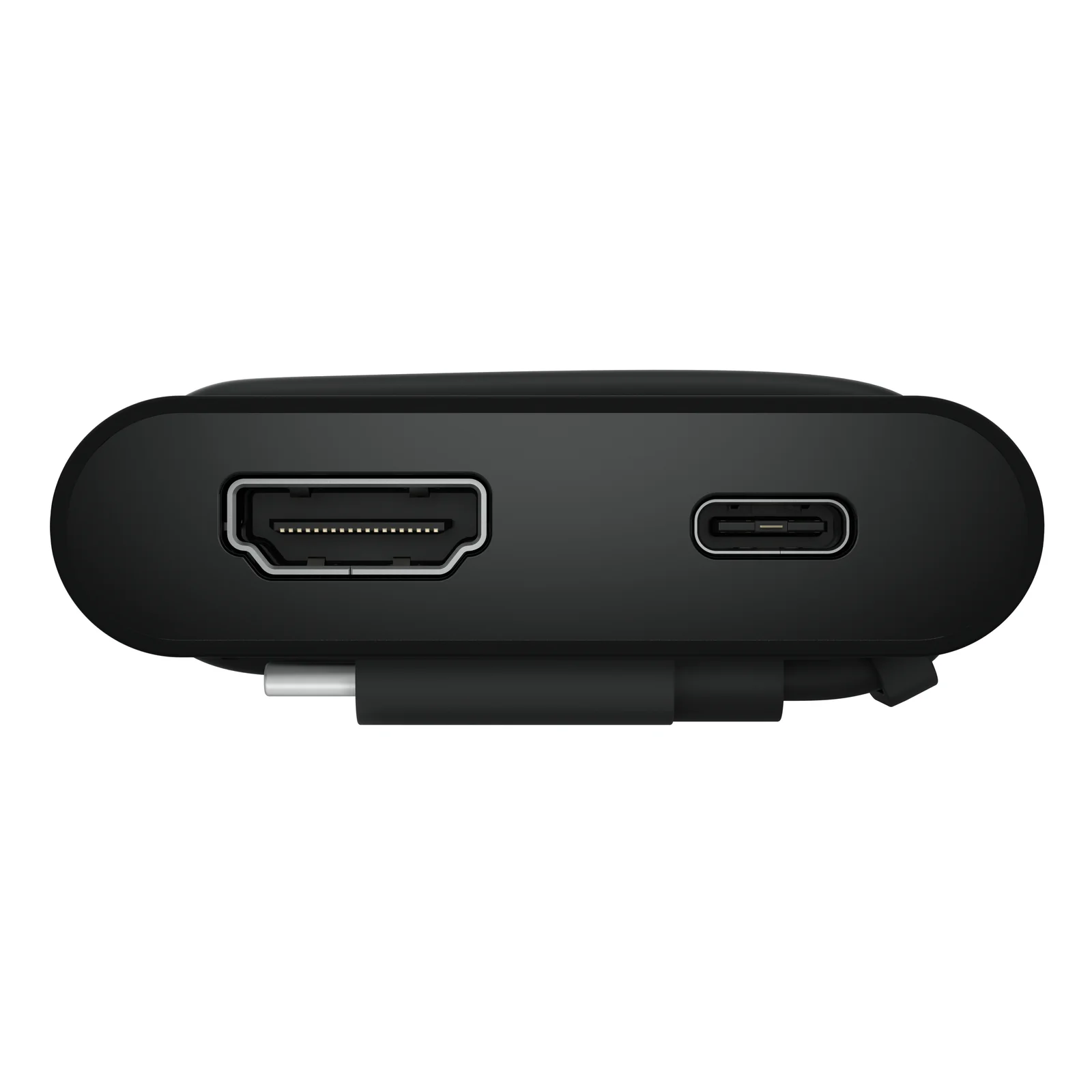 Vue de la face HDMI du hub avec port HDMI grand format à gauche et port USB-C à droite
