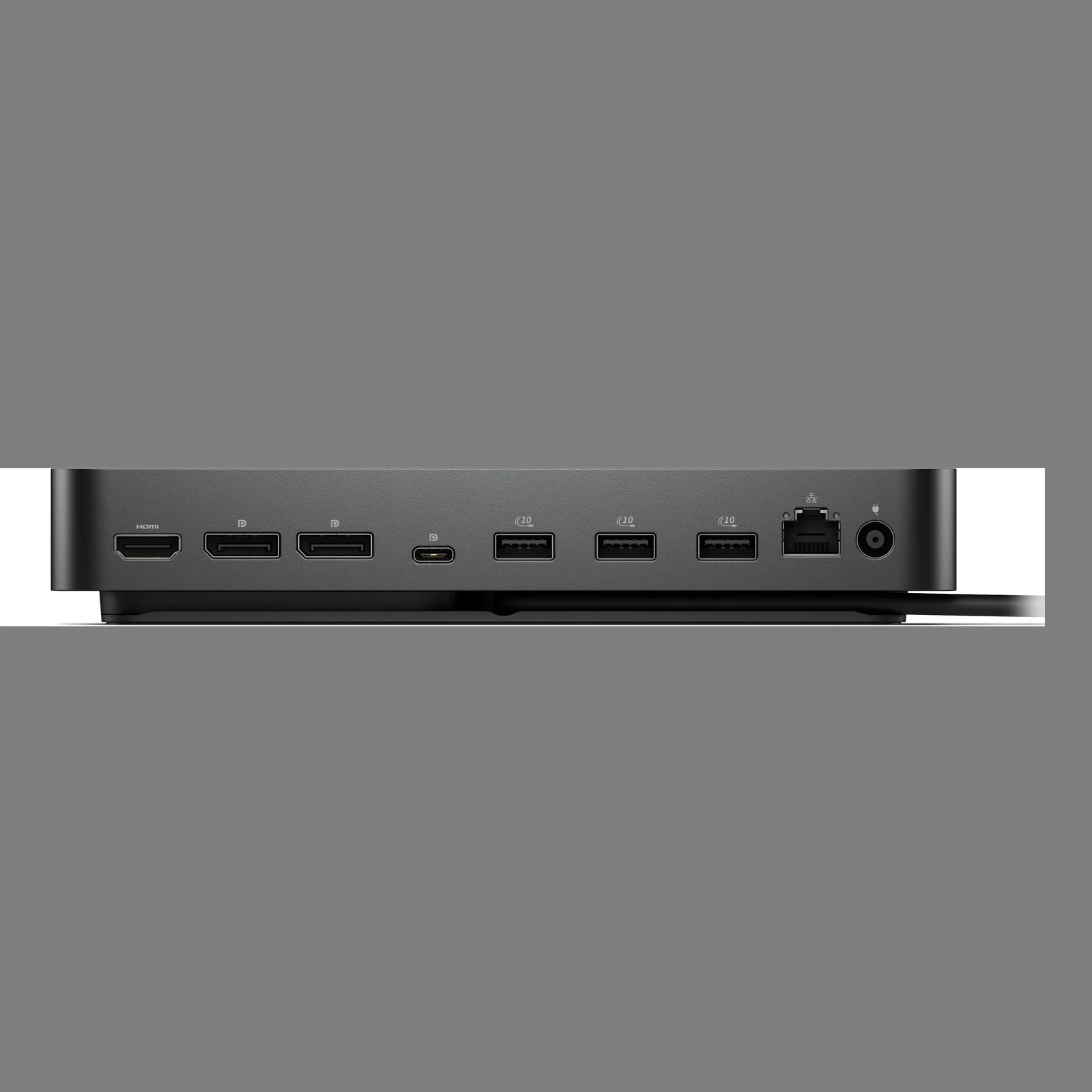 Vue arrière du dock détaillant HDMI, 2 DisplayPort, 1 USB-C DisplayPort, 3 USB-A, RJ45 Ethernet et entrée d'alimentation