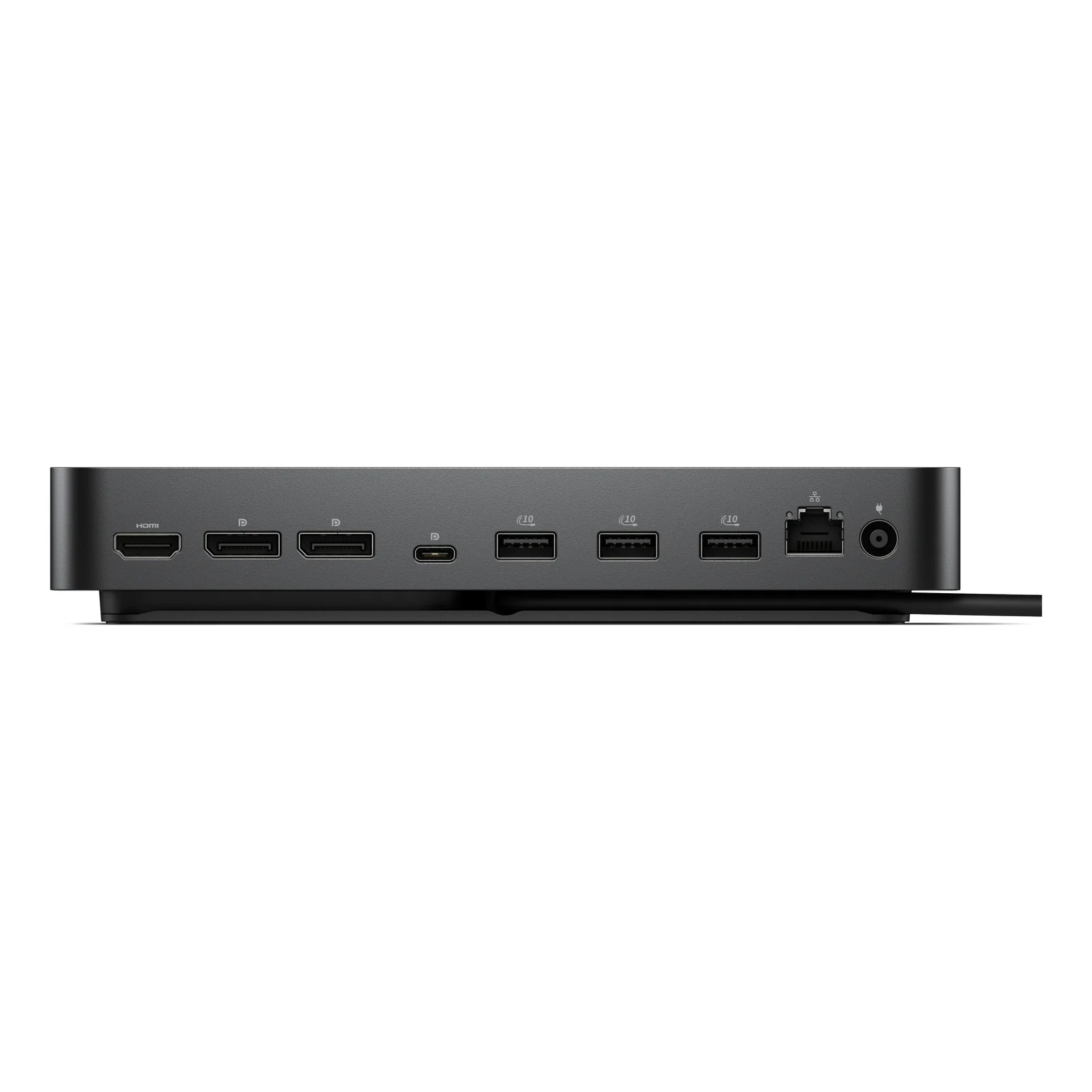 Vue arrière de la station d'accueil avec HDMI, deux DisplayPort, un USB-C aval, trois USB-A, prise Ethernet et entrée d'alimentation