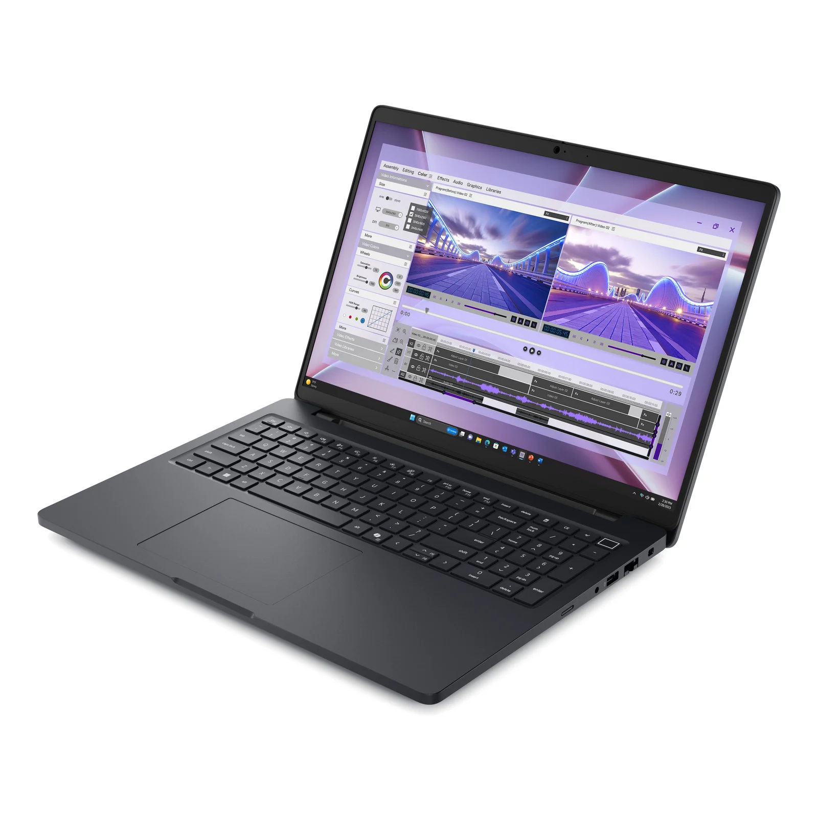 Vue trois quarts du laptop noir ouvert montrant le clavier rétroéclairé avec pavé numérique et la tranche droite visible.