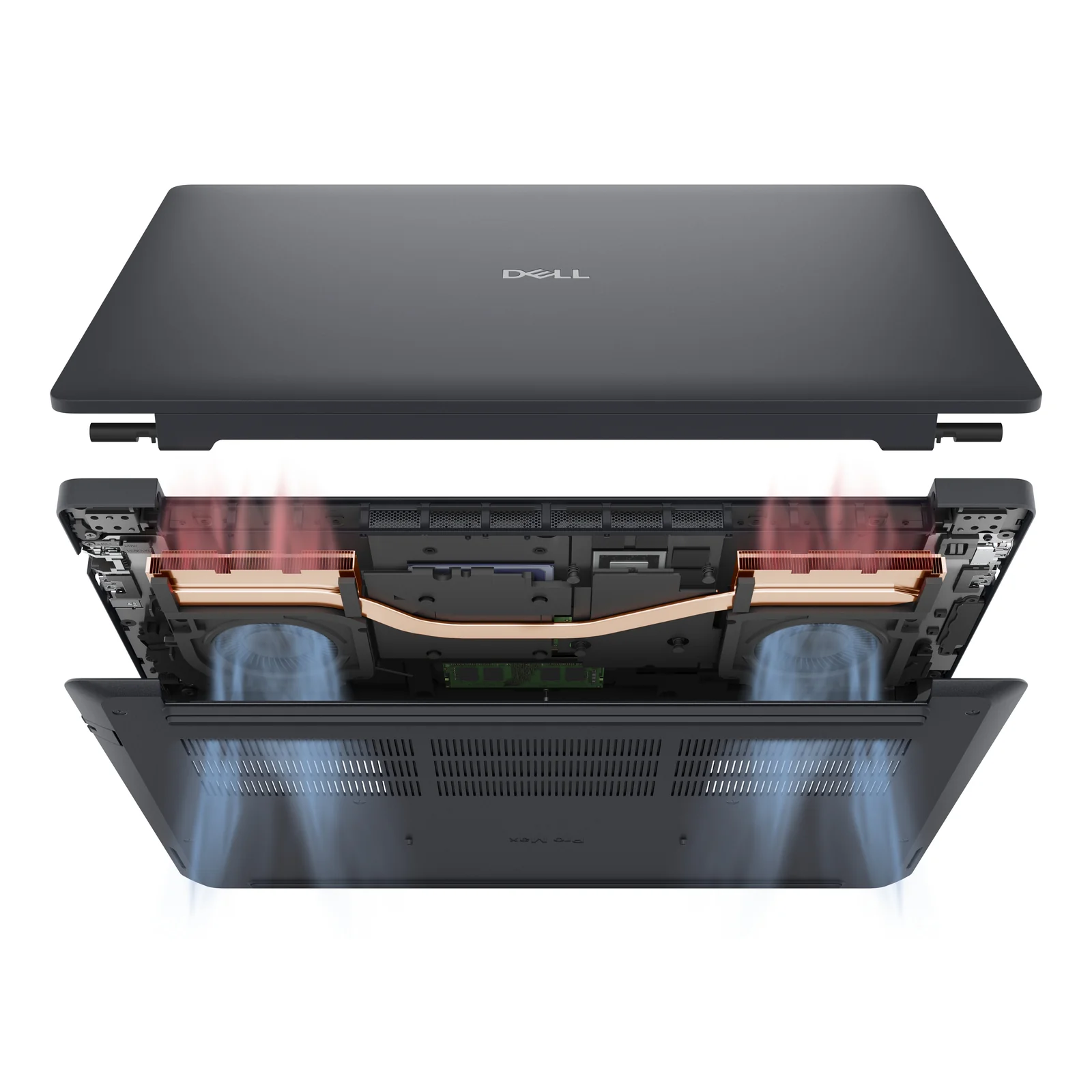 Dell Pro Max 16 en coupe, dissipateurs thermiques et caloducs internes exposés