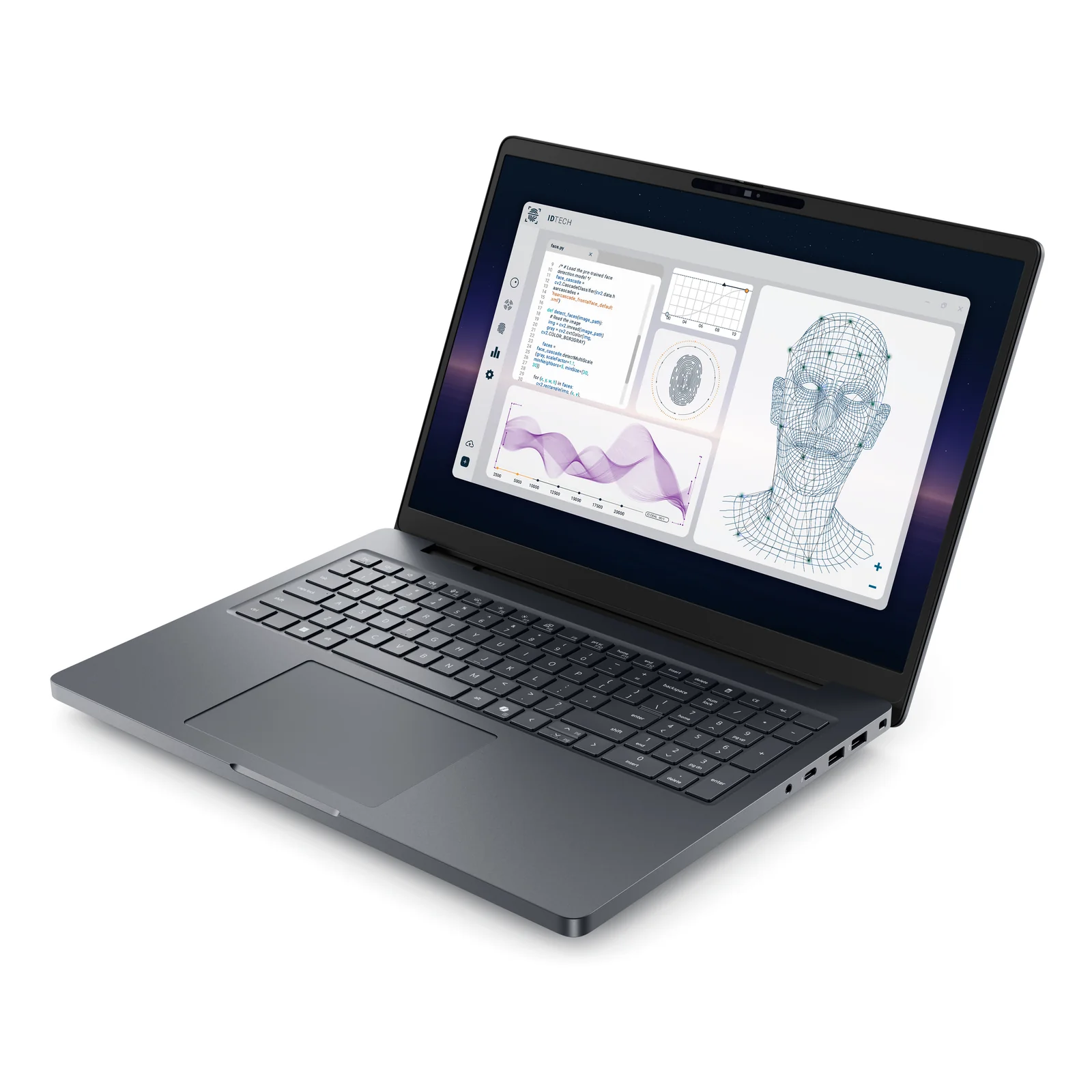 Dell Pro Max 16 Plus, vue trois quarts avant droite, écran avec contenu médical et portrait 3D, ports droits visibles