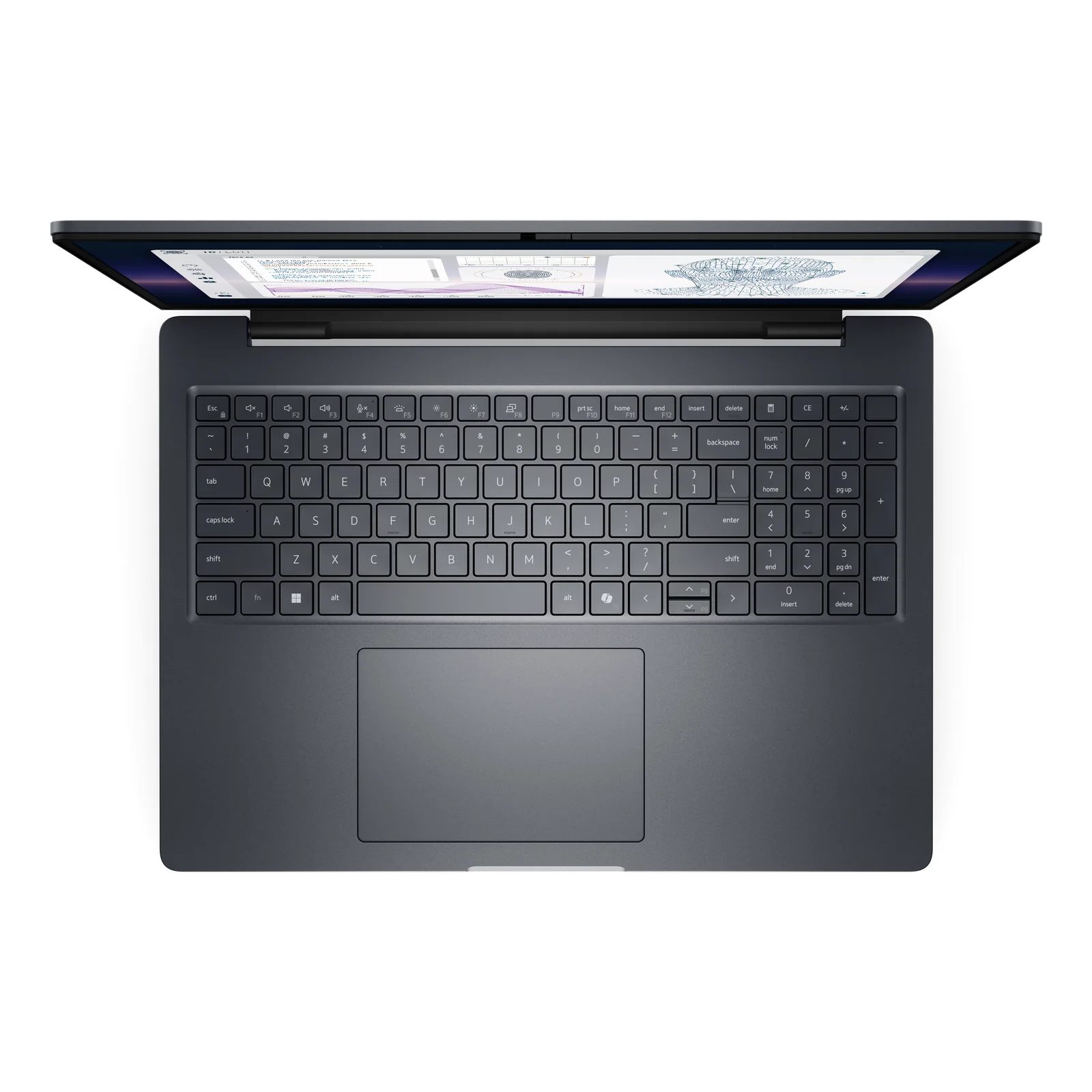 Dell Pro Max 16 Plus, vue du dessus, clavier AZERTY rétroéclairé avec pavé numérique intégré, finition gris foncé