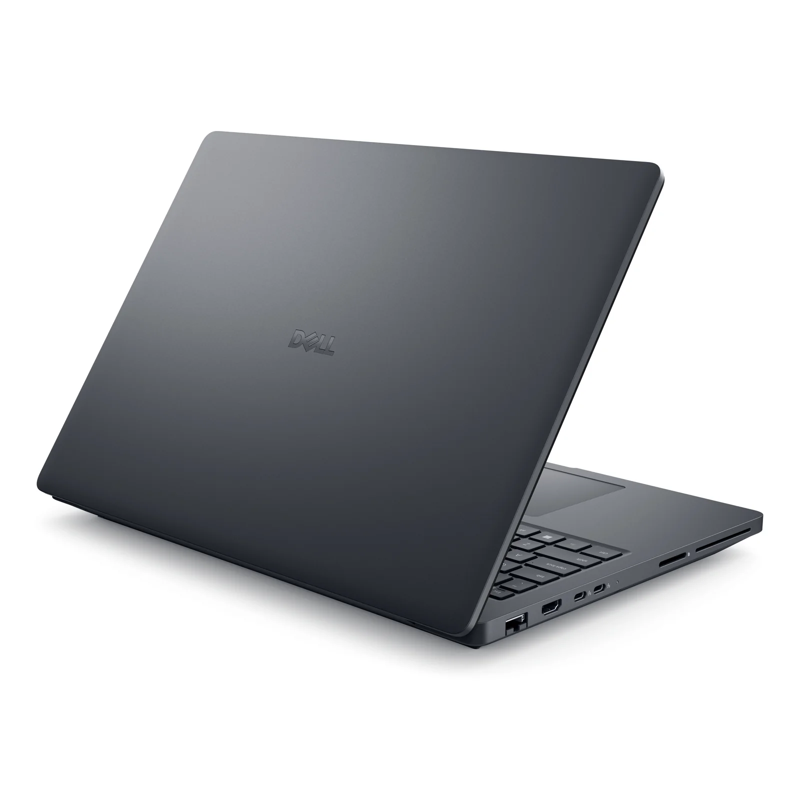 Dell Pro Max 16 Plus, vue arrière trois quarts gauche, ports latéraux gauches visibles, coloris gris magnetite
