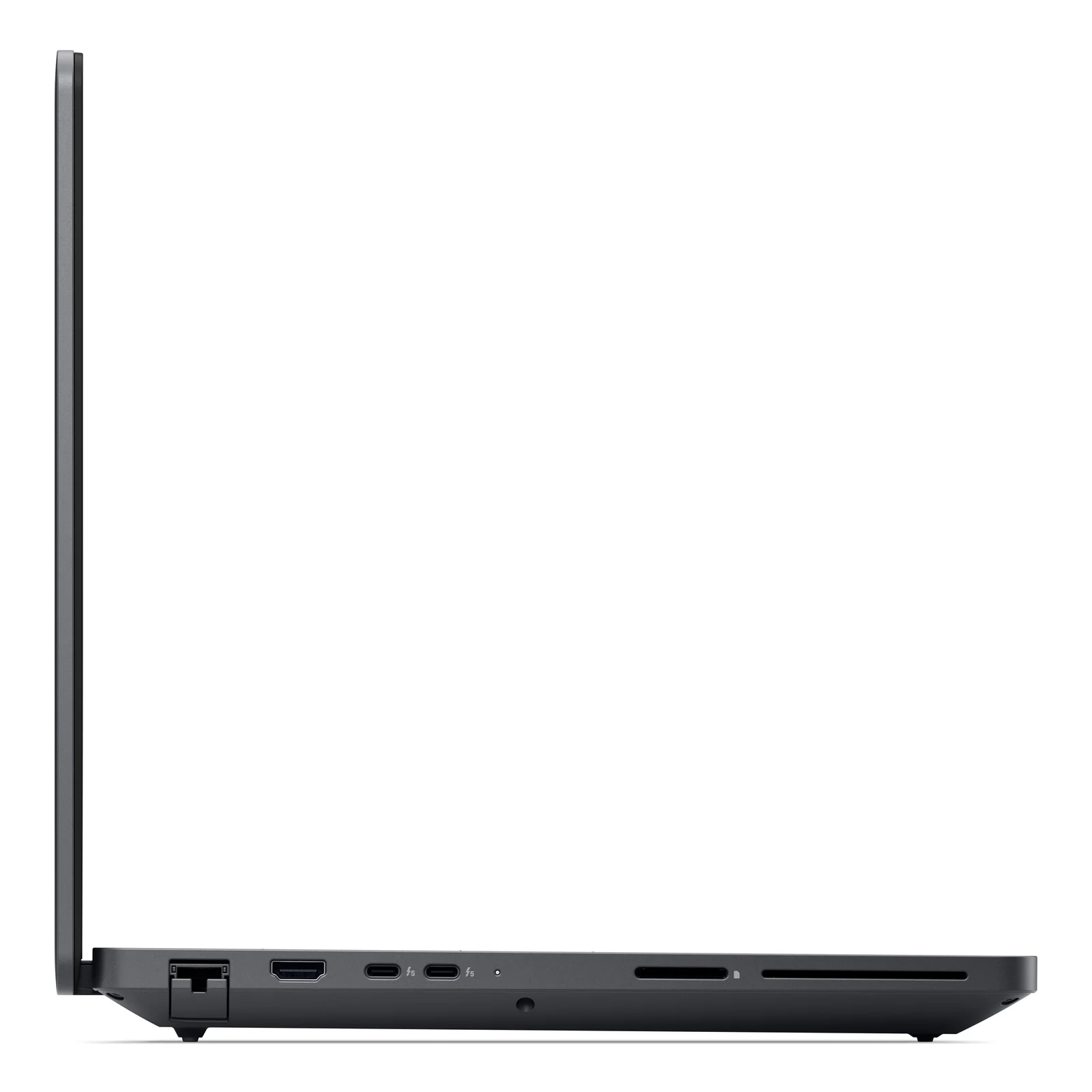 Dell Pro Max 16 Plus, profil gauche, couvercle fermé, rangée de ports Thunderbolt, HDMI et USB, tranche fine