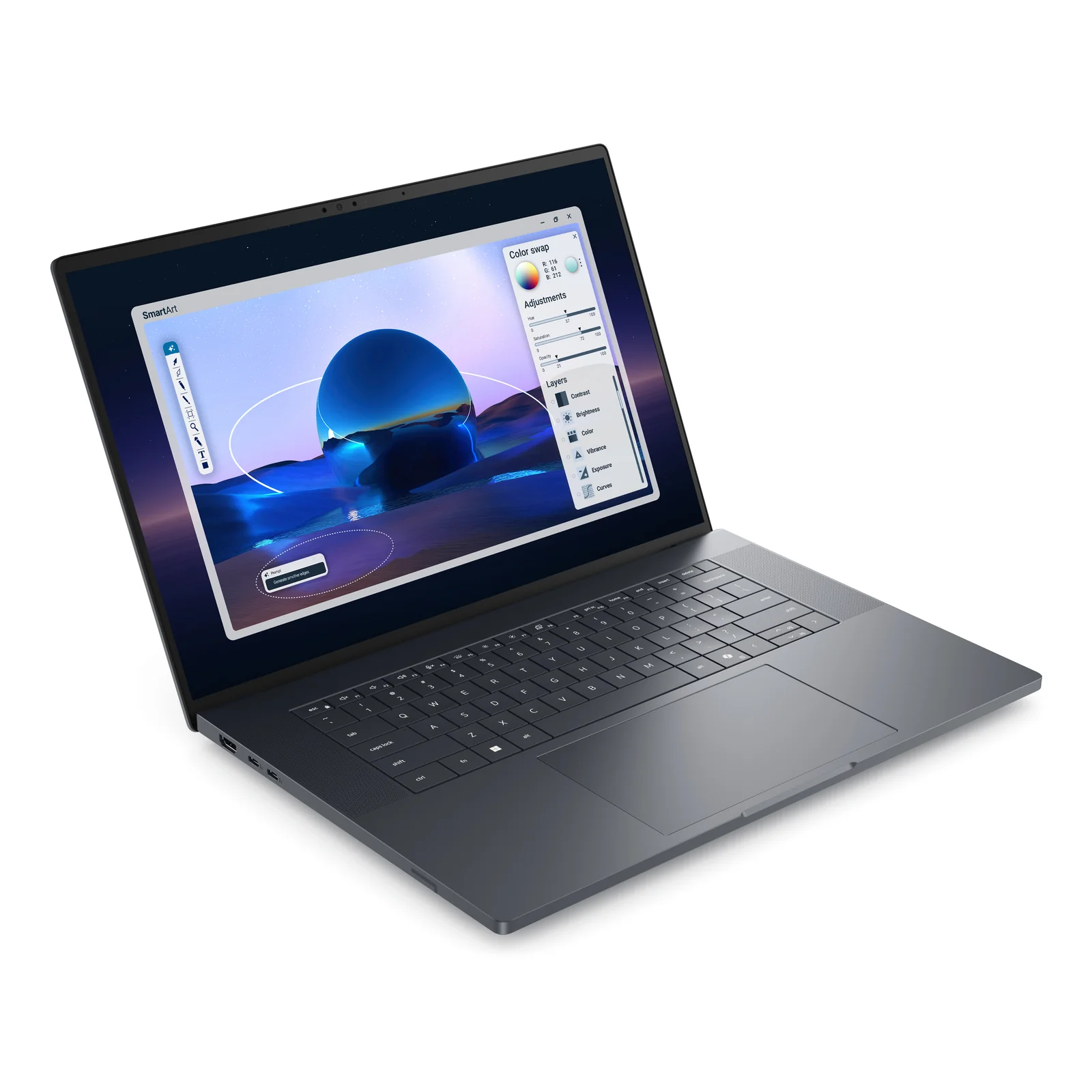Vue trois quarts gauche du portable 16 pouces ouvert montrant l'écran et le clavier