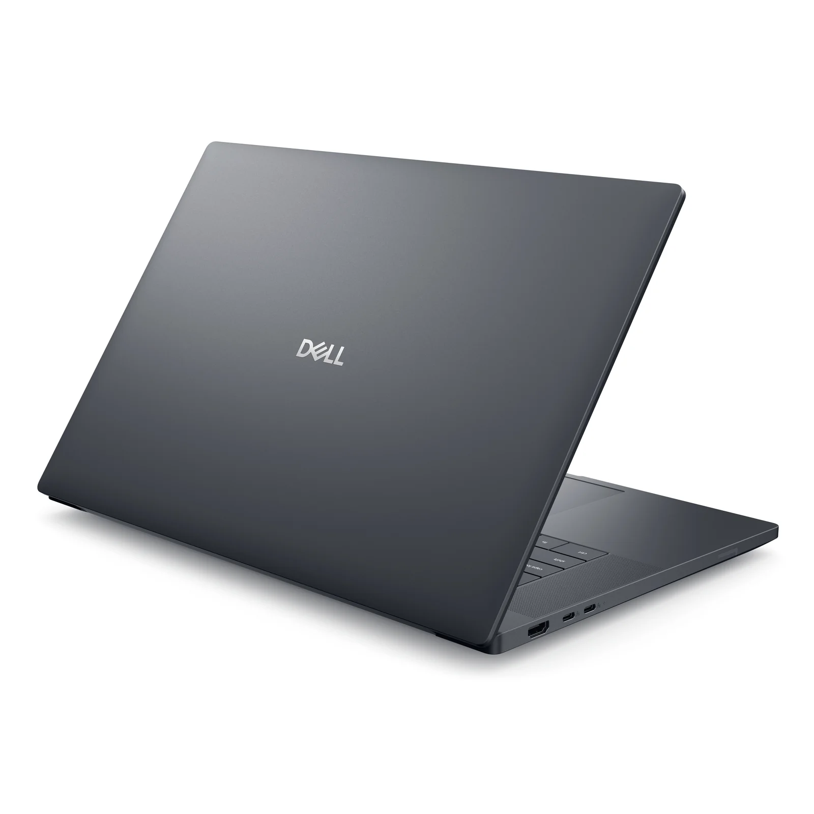 Vue arrière trois quarts du capot noir avec logo Dell argenté et port HDMI visible sur le flanc